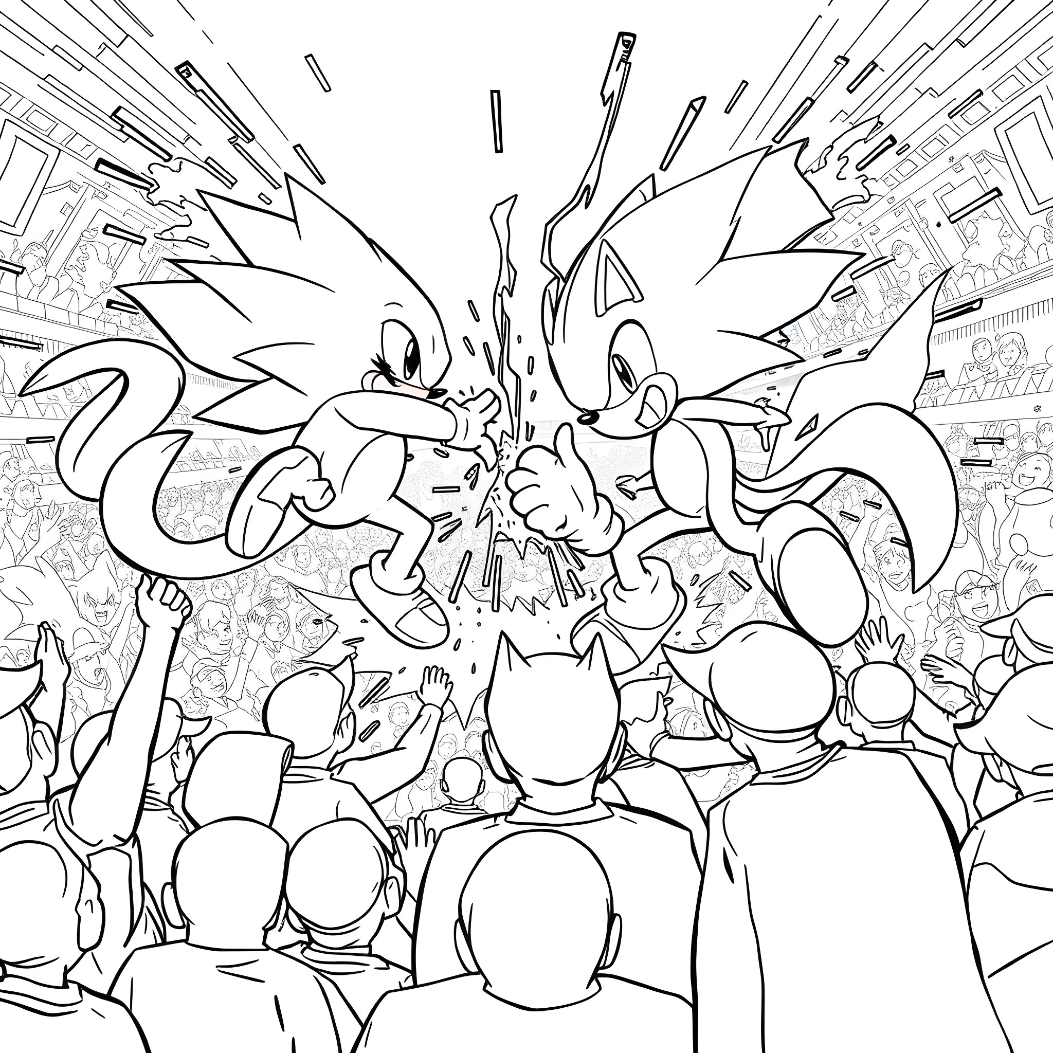 Pokémon Battling in a Chaotic Arena Coloring Page (free black-and-white line drawing printable PDF for all, from beginners to advanced learners, including children, teens, adults, and seniors)