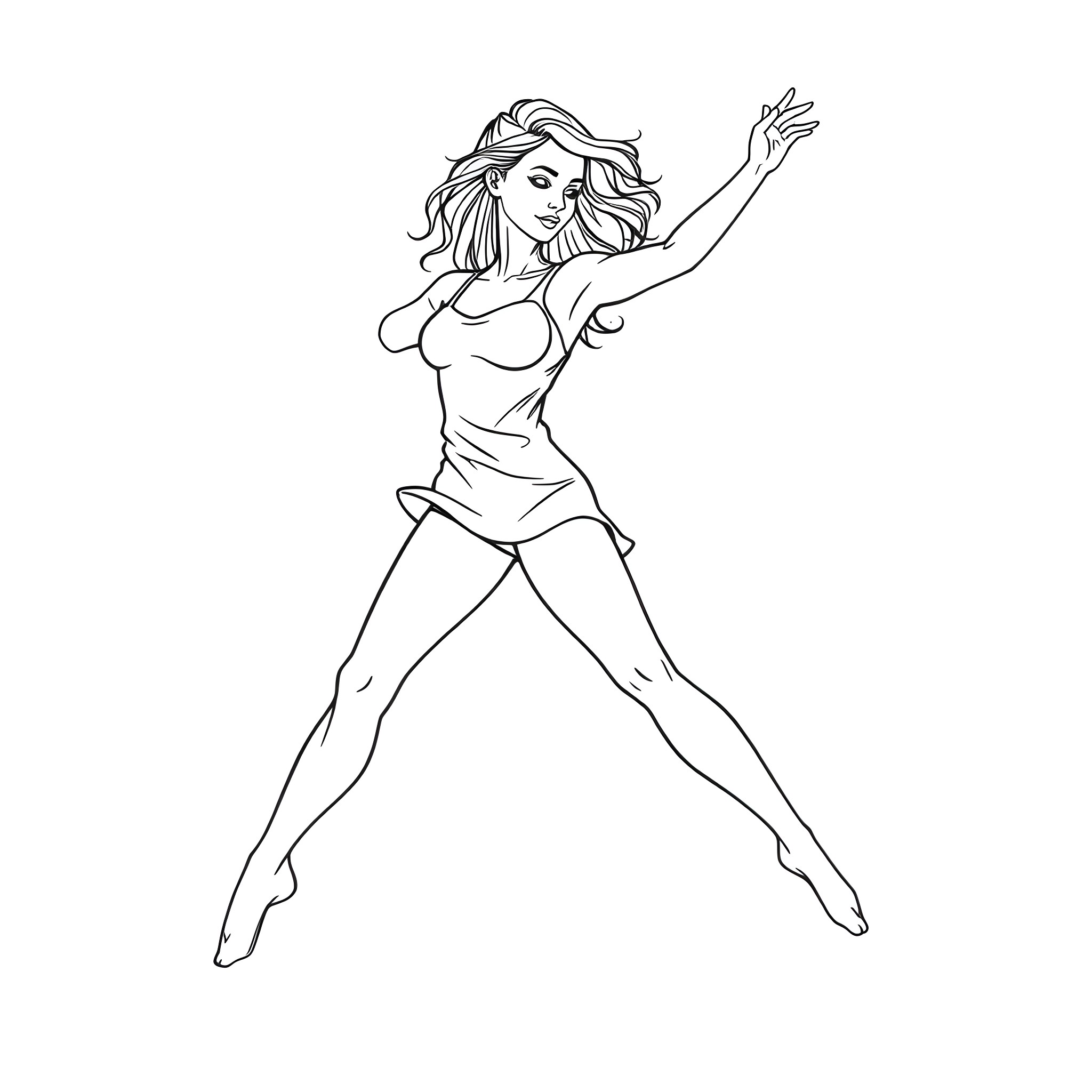 Woman dancing with arms raised Coloring Page (free black-and-white line drawing printable PDF for all, from beginners to advanced learners, including children, teens, adults, and seniors)