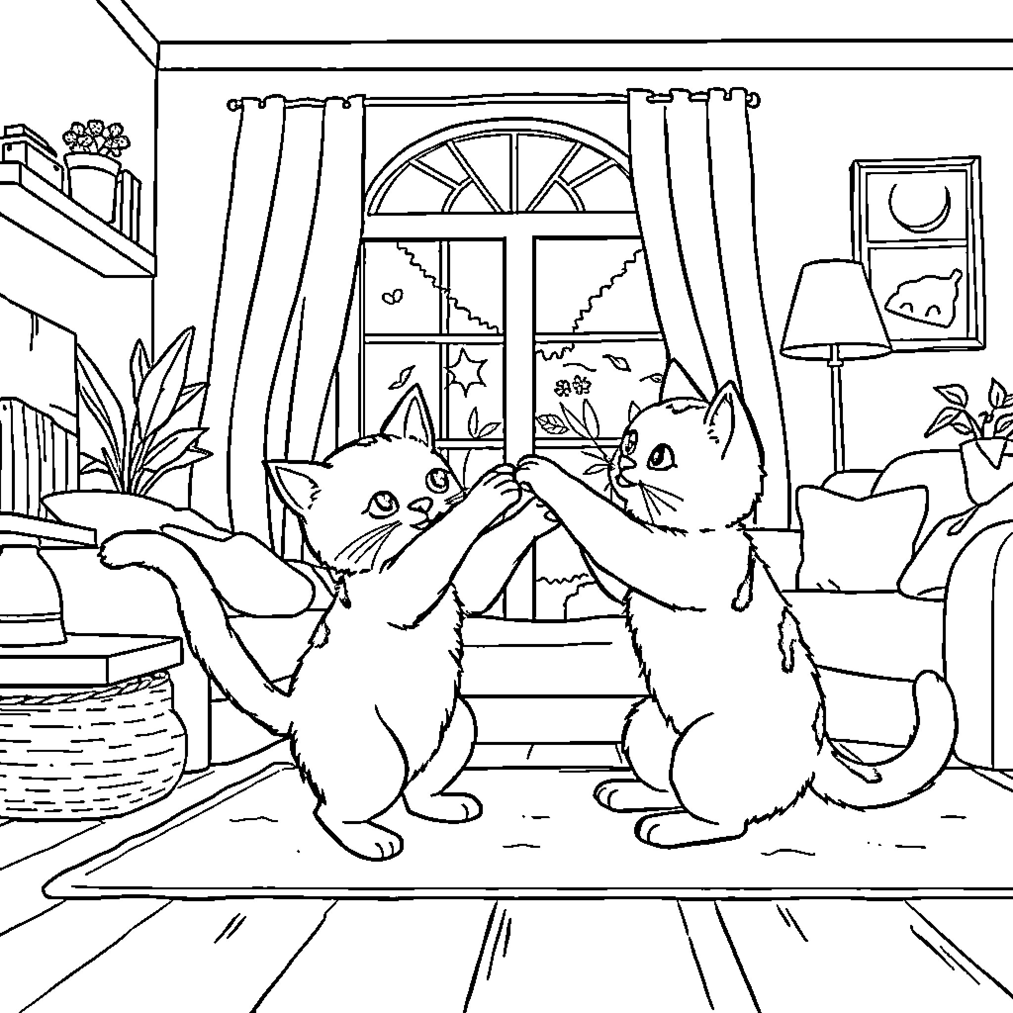 Cats enjoying cozy indoor scene Coloring Page (free black-and-white line drawing printable PDF for all, from beginners to advanced learners, including children, teens, adults, and seniors)