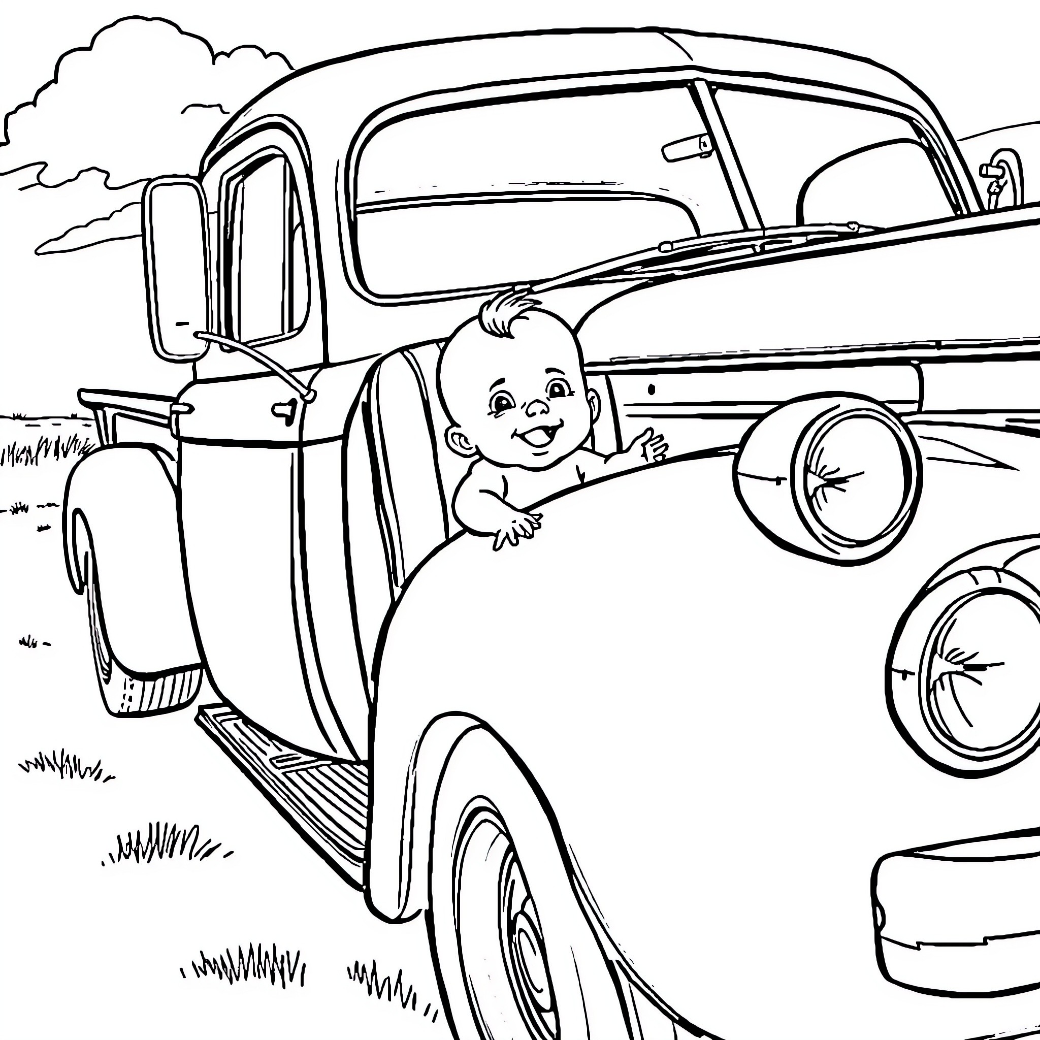 Baby peeking out from vintage truck in countryside Coloring Page (free black-and-white line drawing printable PDF for all, from beginners to advanced learners, including children, teens, adults, and seniors)