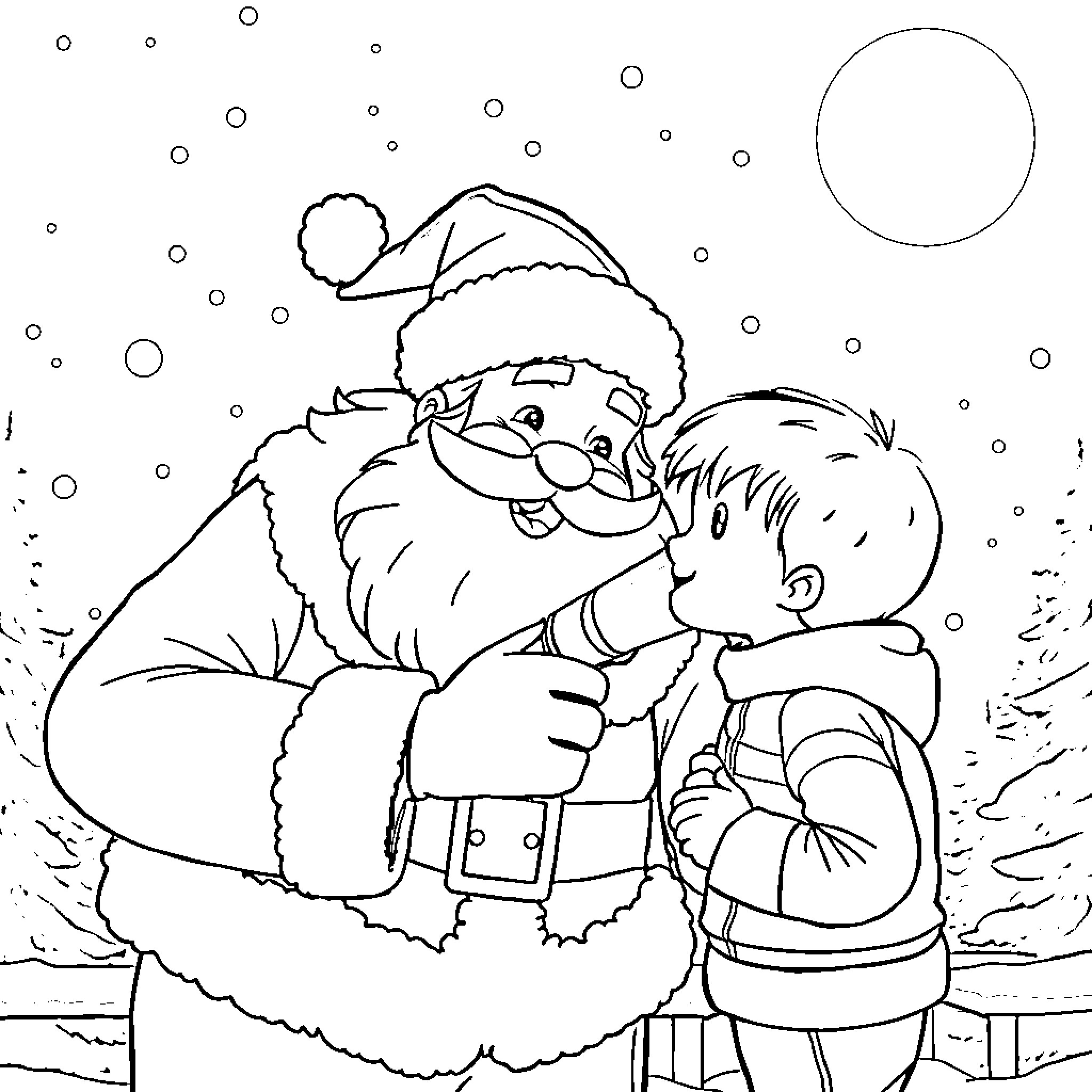 Santa embracing a young child in the snowy landscape Coloring Page (free black-and-white line drawing printable PDF for all, from beginners to advanced learners, including children, teens, adults, and seniors)