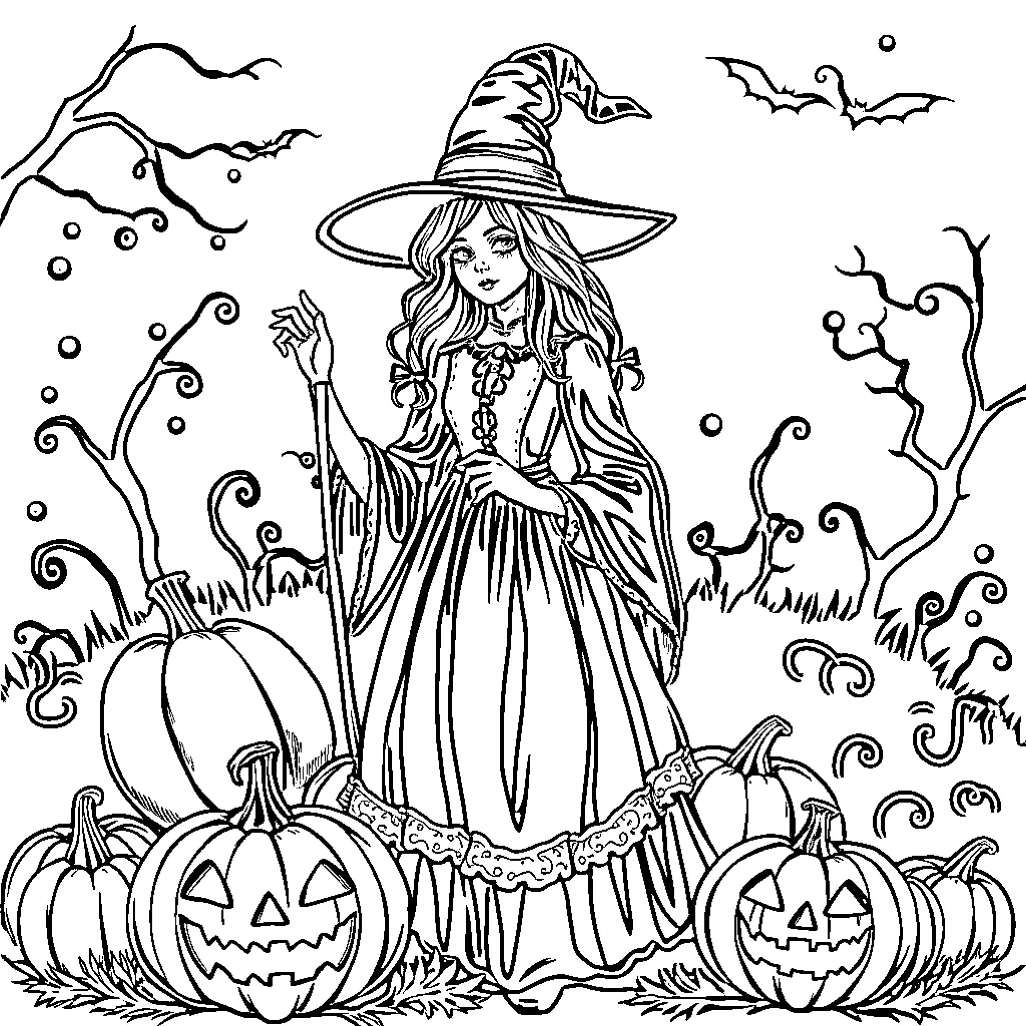 Witch in a Magical Halloween Scene Coloring Page (free black-and-white line drawing printable PDF for all, from beginners to advanced learners, including children, teens, adults, and seniors)