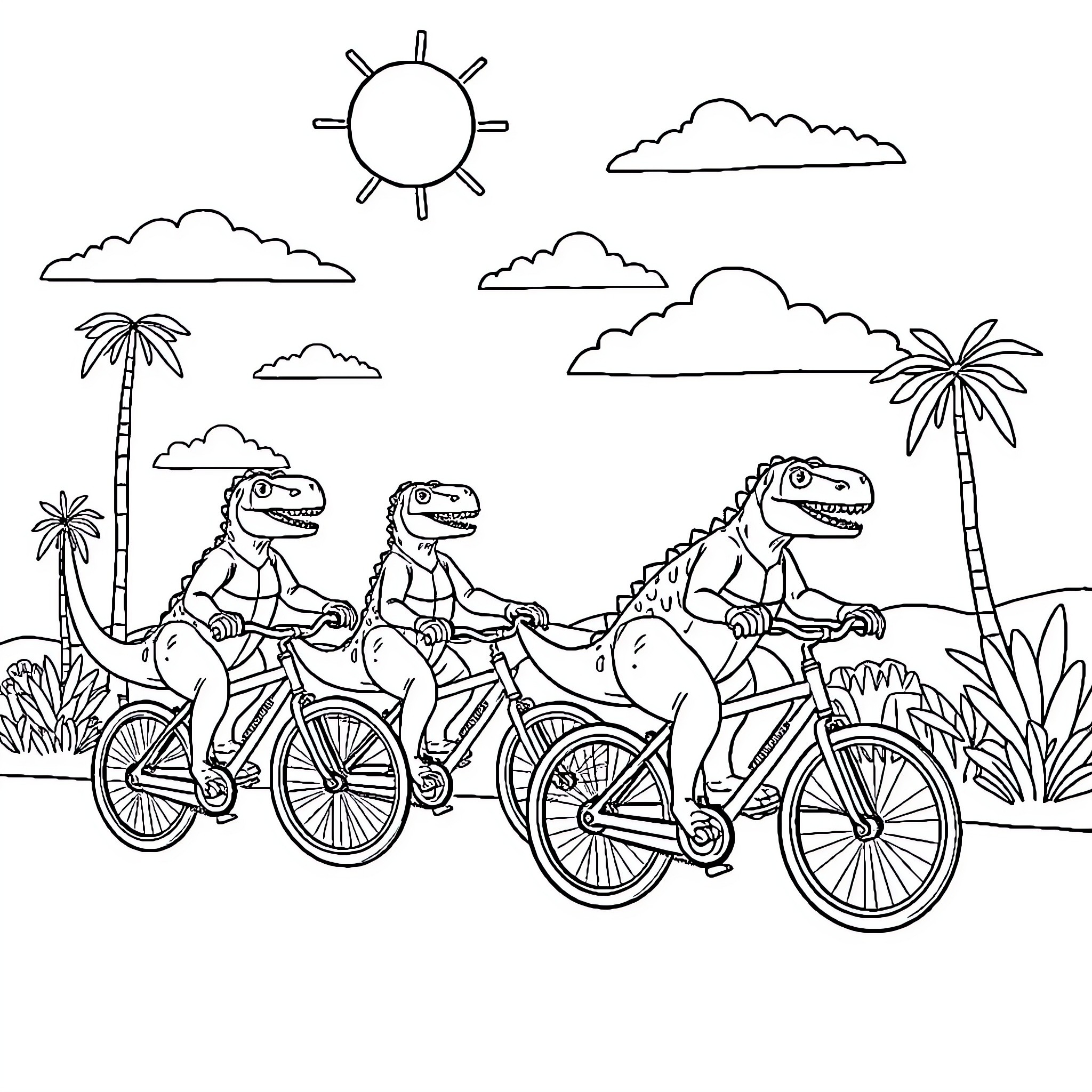 Dinos riding bicycles in a tropical landscape Coloring Page (free black-and-white line drawing printable PDF for all, from beginners to advanced learners, including children, teens, adults, and seniors)