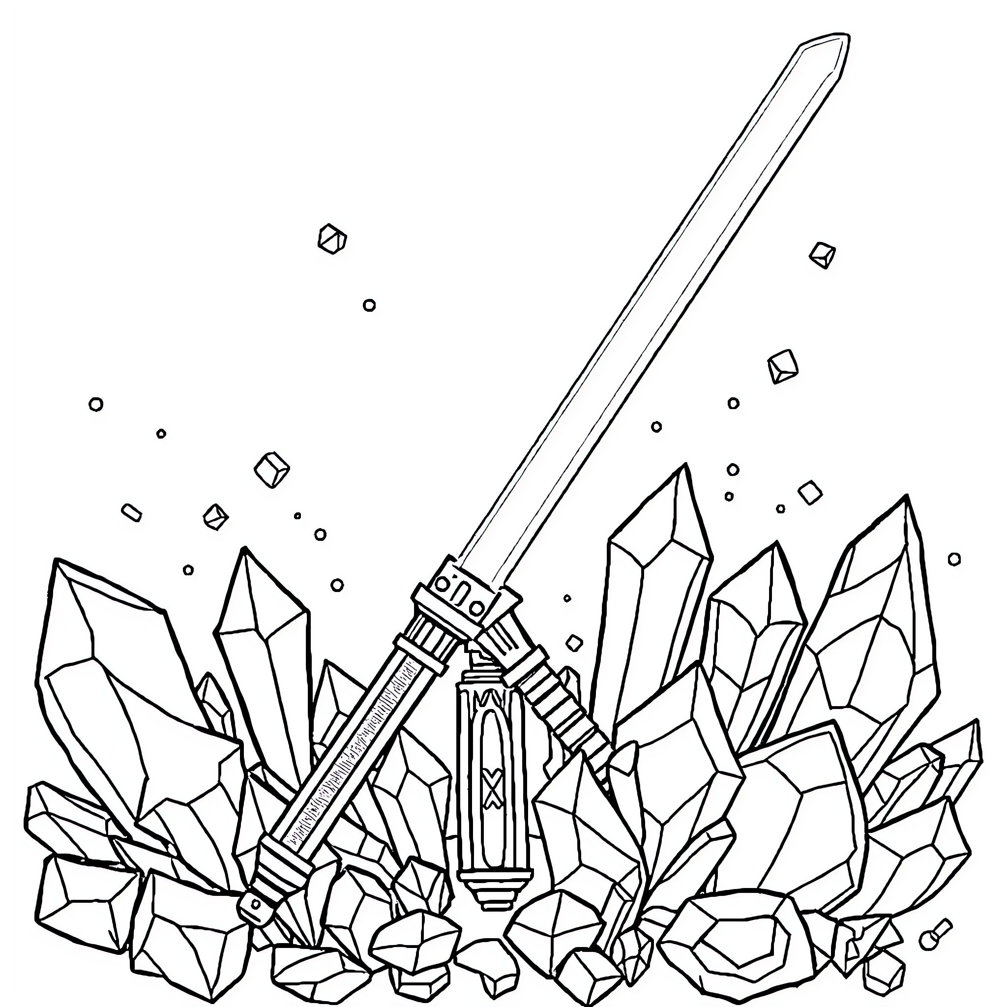 Lightsaber floating amidst crystalline formations Coloring Page (free black-and-white line drawing printable PDF for all, from beginners to advanced learners, including children, teens, adults, and seniors)