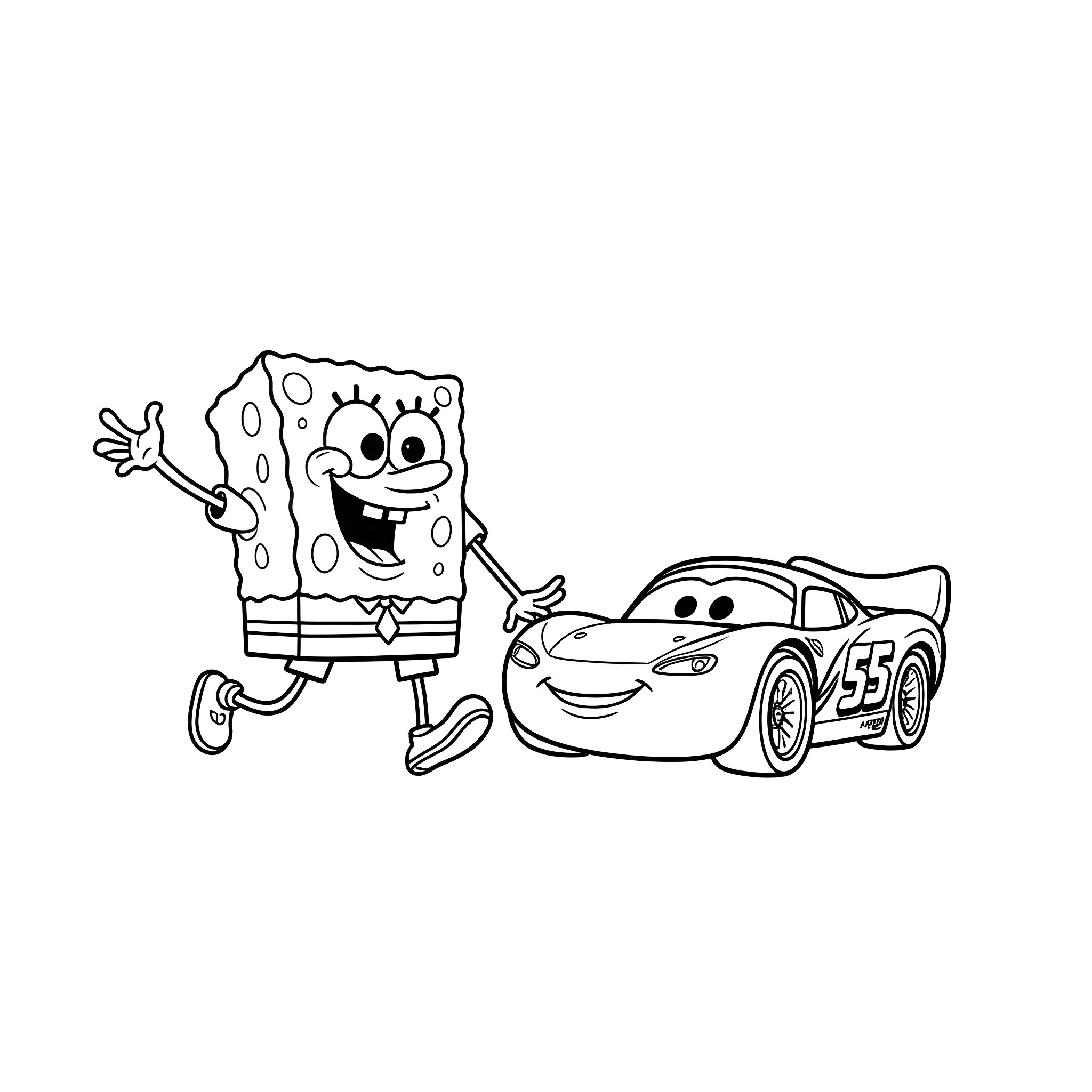 Spongebob and Lightning McQueen having fun Coloring Page (free black-and-white line drawing printable PDF for all, from beginners to advanced learners, including children, teens, adults, and seniors)