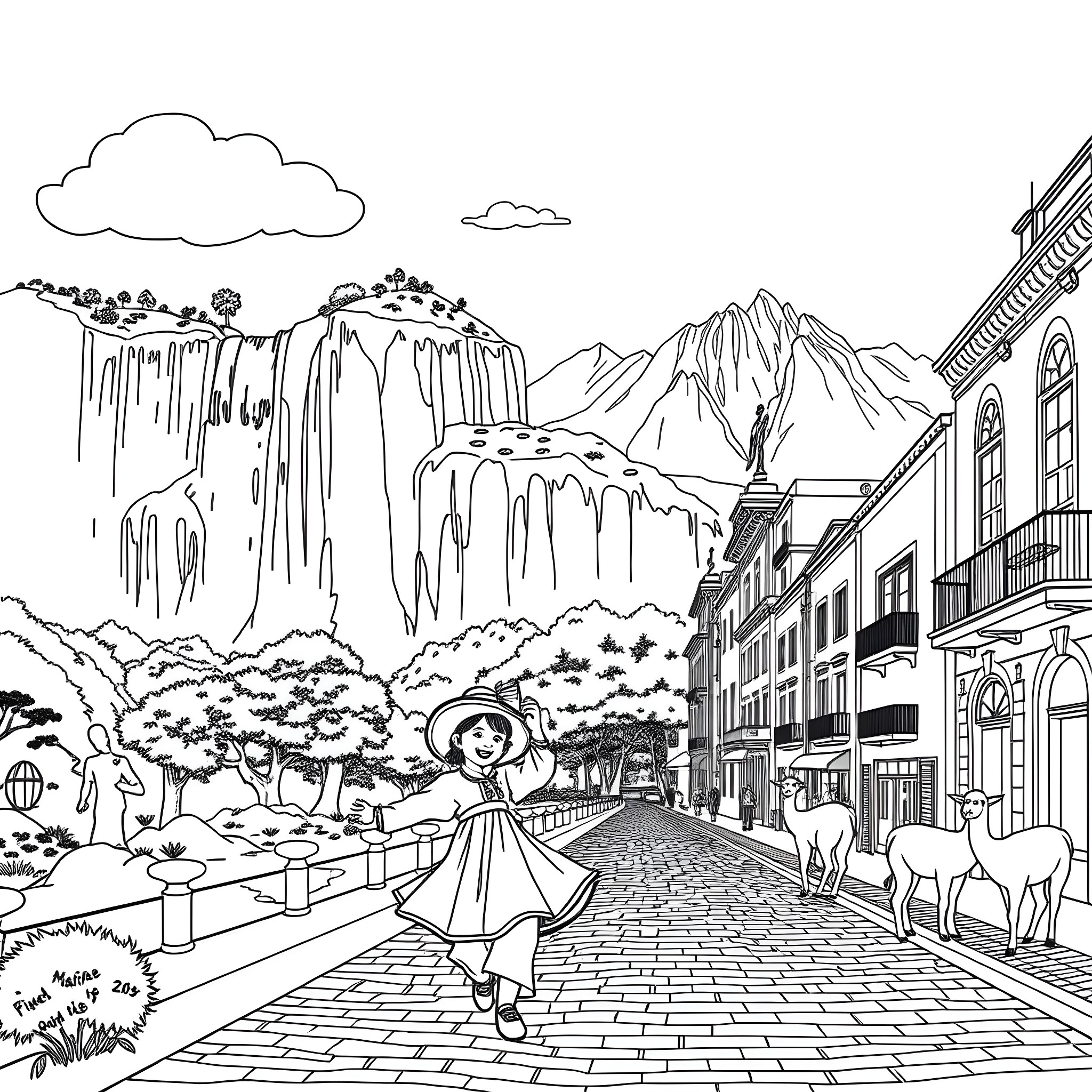 Landmark Illustration of a Woman Exploring a Scenic Mountain Town Coloring Page (free black-and-white line drawing printable PDF for all, from beginners to advanced learners, including children, teens, adults, and seniors)