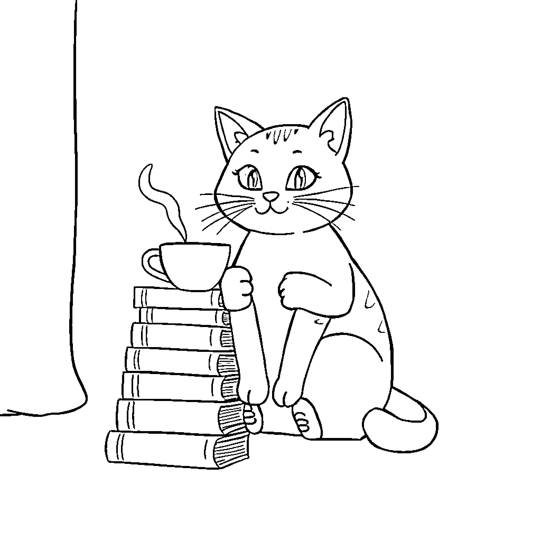Cat reading books and enjoying a cup of coffee Coloring Page (free black-and-white line drawing printable PDF for all, from beginners to advanced learners, including children, teens, adults, and seniors)