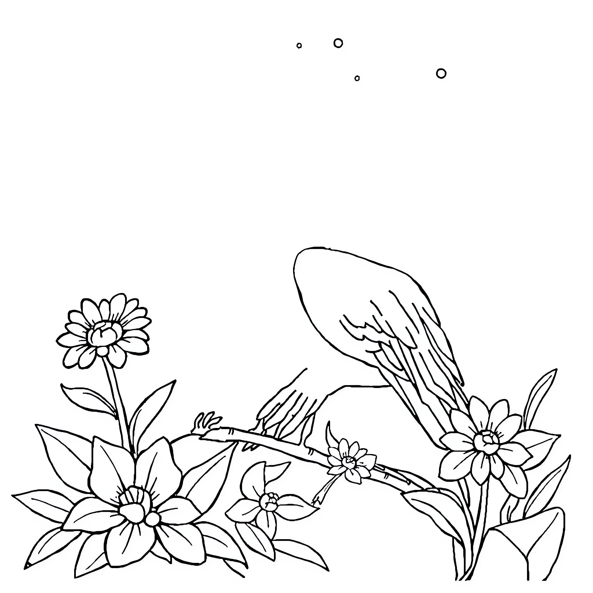 Little Fisher in a Floral Wonderland Coloring Page (free black-and-white line drawing printable PDF for all, from beginners to advanced learners, including children, teens, adults, and seniors)