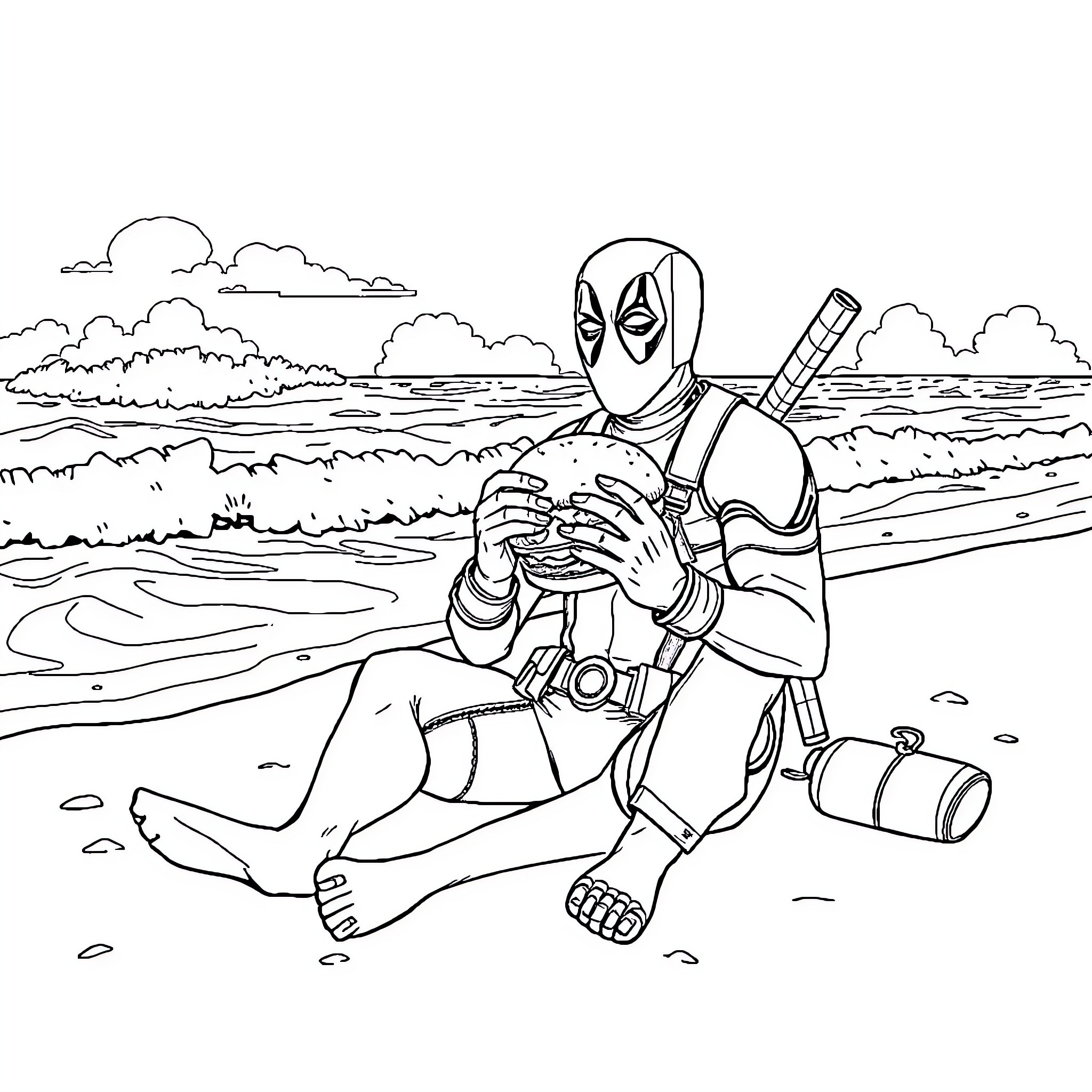 Deadpool relaxing on the beach with his weapons Coloring Page (free black-and-white line drawing printable PDF for all, from beginners to advanced learners, including children, teens, adults, and seniors)