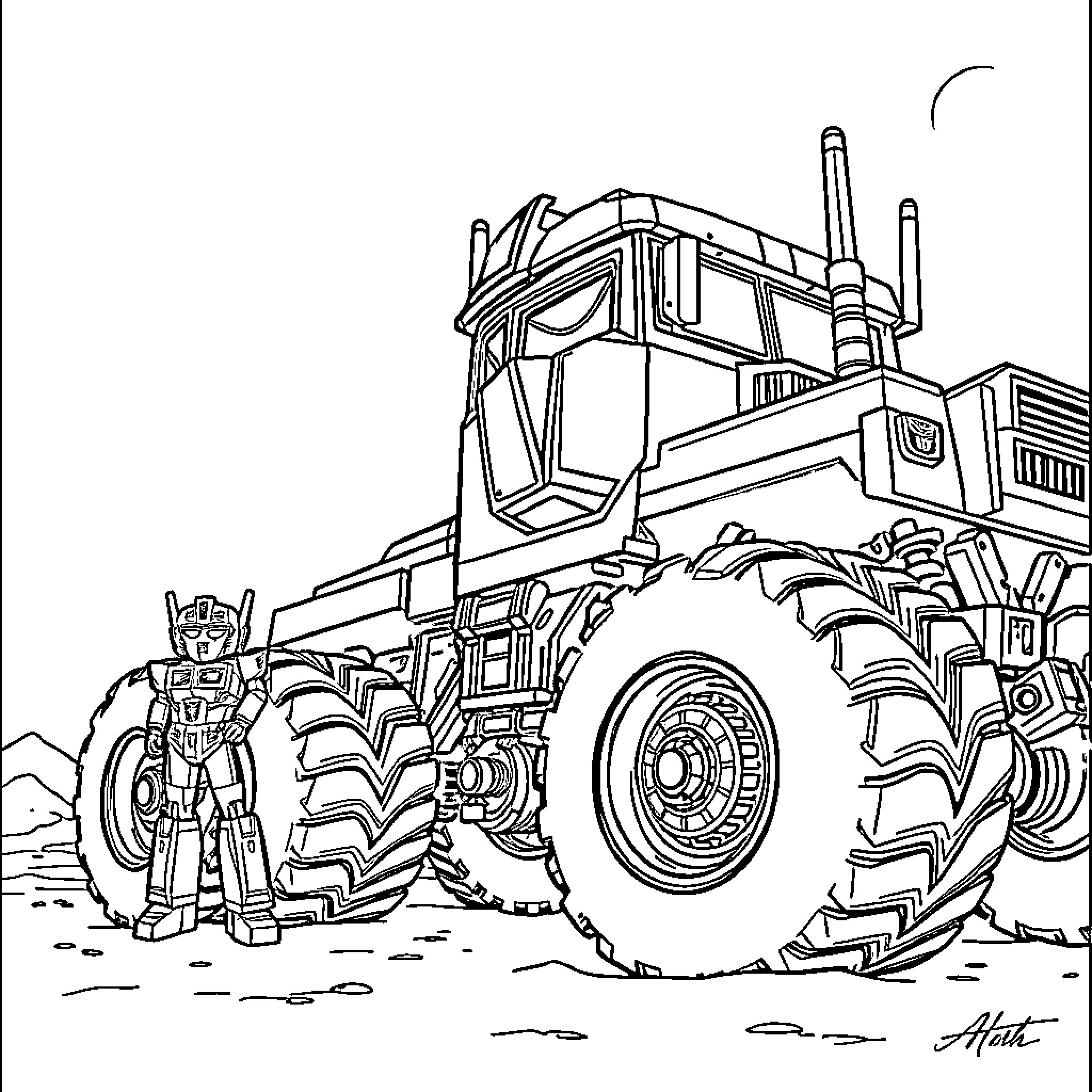 Monster Truck with Transforming Robot Driver Coloring Page (free black-and-white line drawing printable PDF for all, from beginners to advanced learners, including children, teens, adults, and seniors)