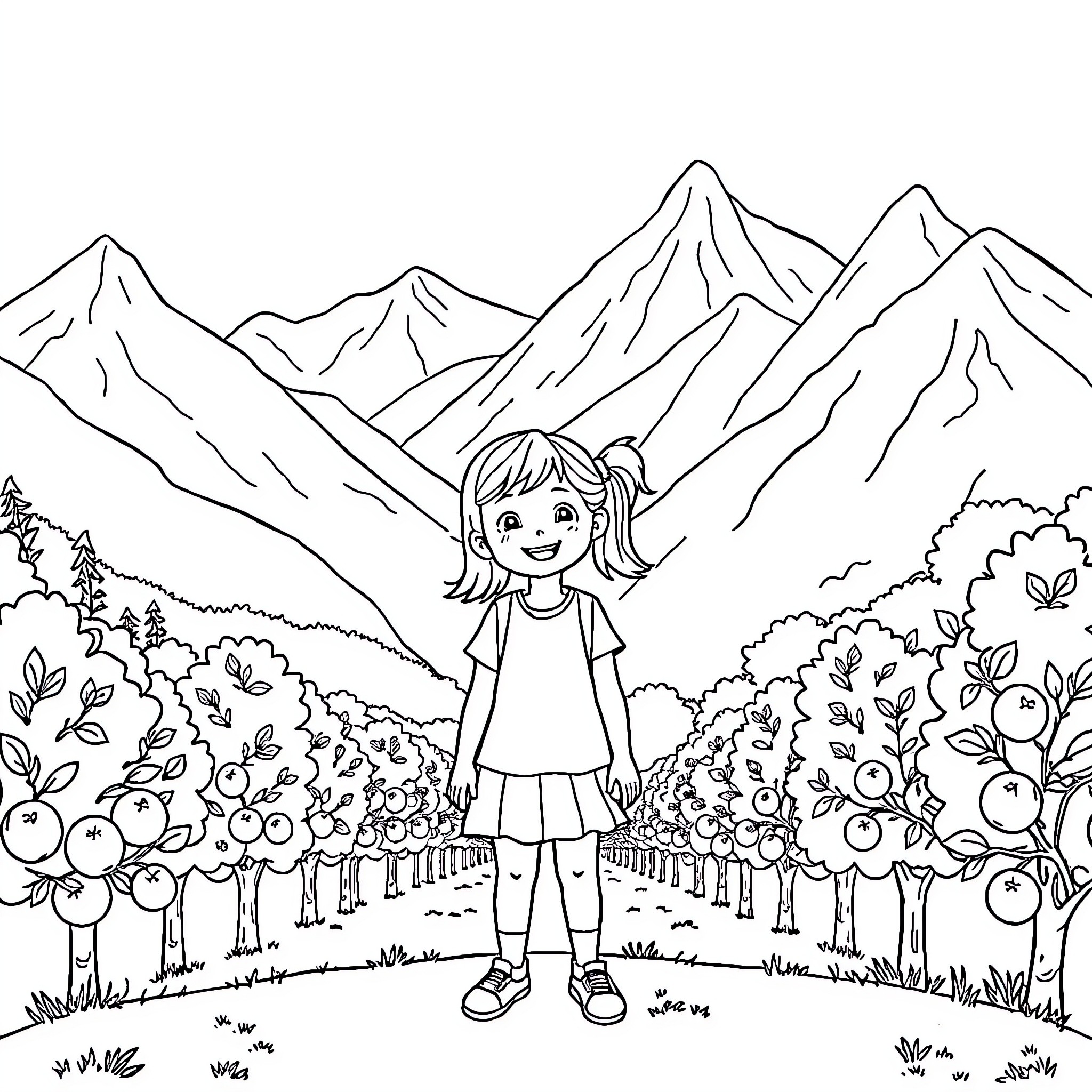 Girl Exploring the Mountainous Landscape Coloring Page (free black-and-white line drawing printable PDF for all, from beginners to advanced learners, including children, teens, adults, and seniors)