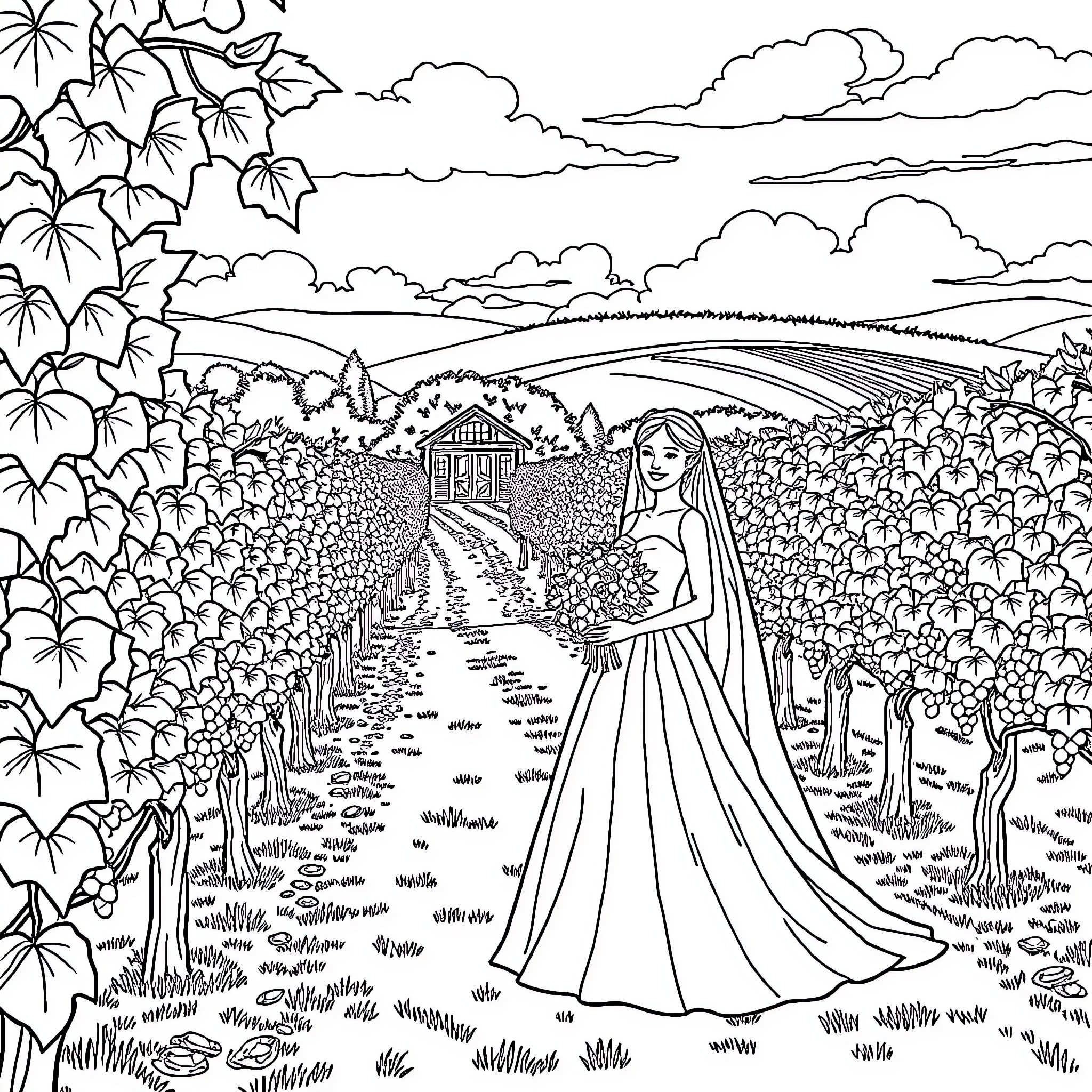 Bride and Groom Walking Down Flower-Lined Path Coloring Page (free black-and-white line drawing printable PDF for all, from beginners to advanced learners, including children, teens, adults, and seniors)
