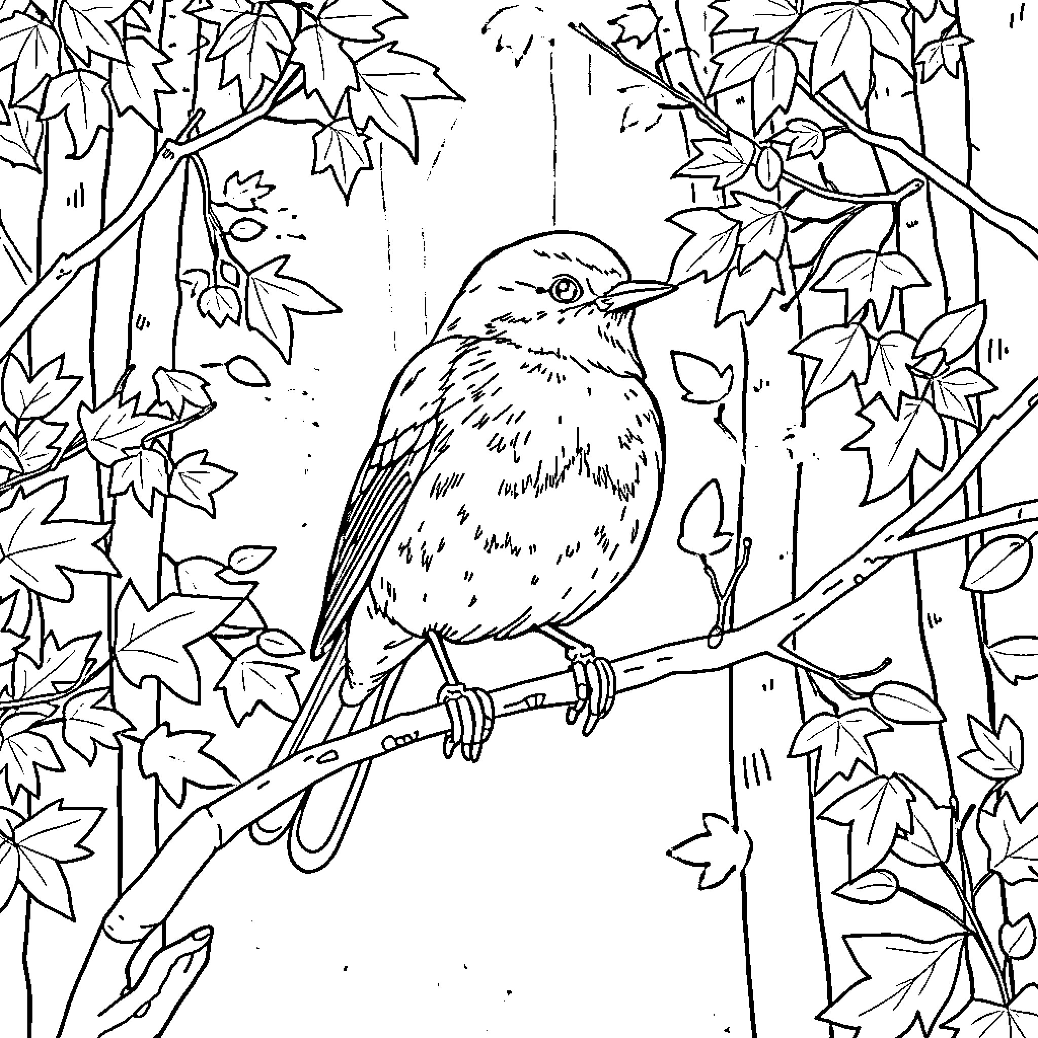 Robin perched among autumn leaves Coloring Page (free black-and-white line drawing printable PDF for all, from beginners to advanced learners, including children, teens, adults, and seniors)