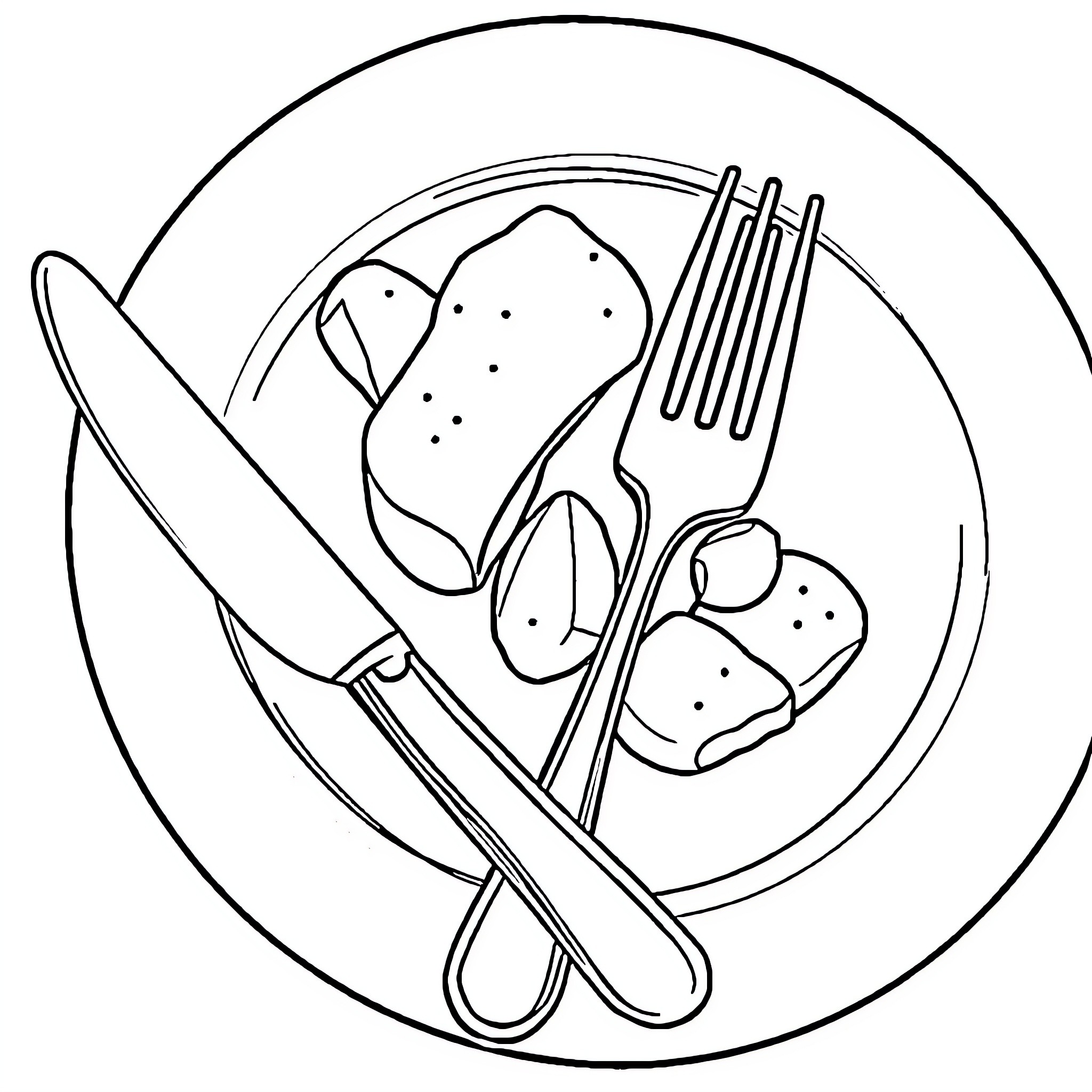 Plate with utensils arranged neatly Coloring Page (free black-and-white line drawing printable PDF for all, from beginners to advanced learners, including children, teens, adults, and seniors)