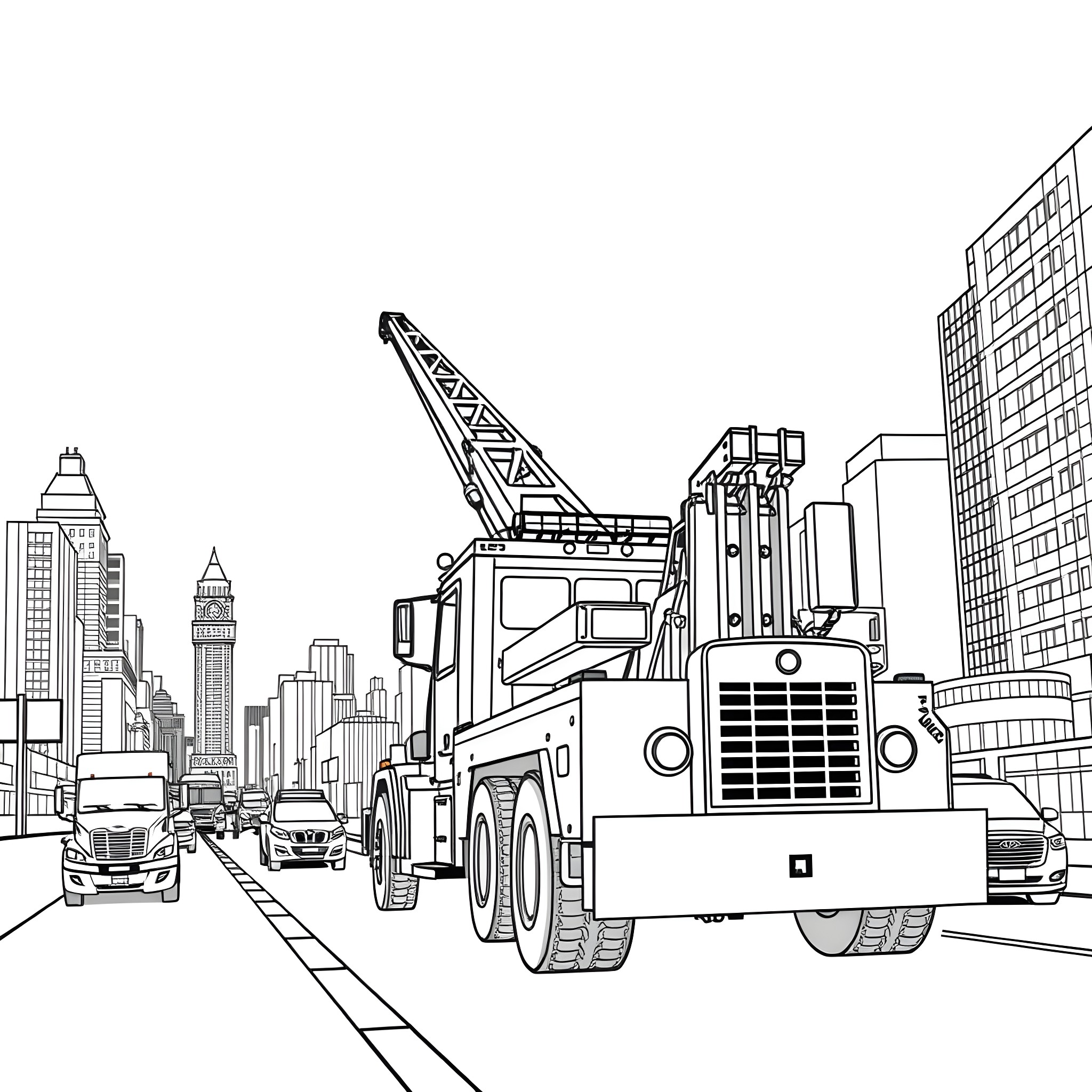 Rollback Wrecker Assisting in Urban Construction Site Coloring Page (free black-and-white line drawing printable PDF for all, from beginners to advanced learners, including children, teens, adults, and seniors)
