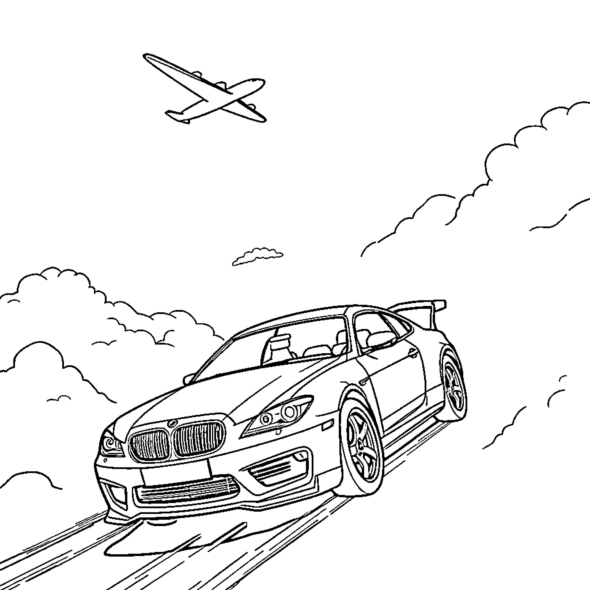 Flying Car Racing Through Clouds in the Sky Coloring Page (free black-and-white line drawing printable PDF for all, from beginners to advanced learners, including children, teens, adults, and seniors)