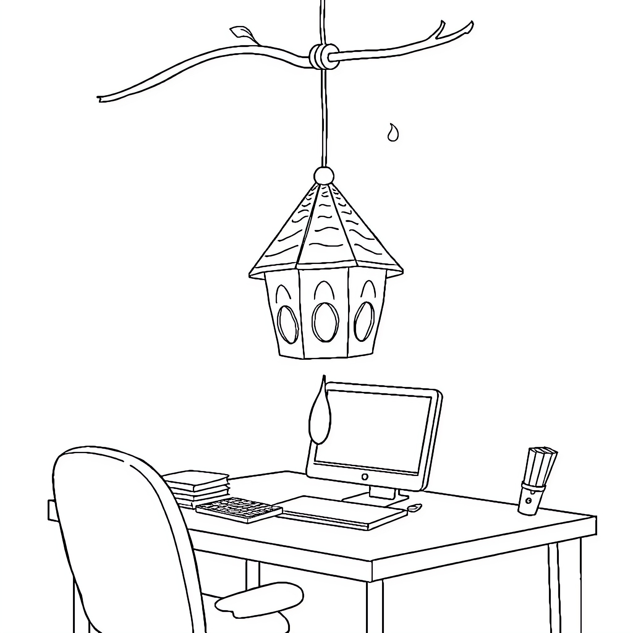Bat-shaped birdhouse hanging over a workstation Coloring Page (free black-and-white line drawing printable PDF for all, from beginners to advanced learners, including children, teens, adults, and seniors)