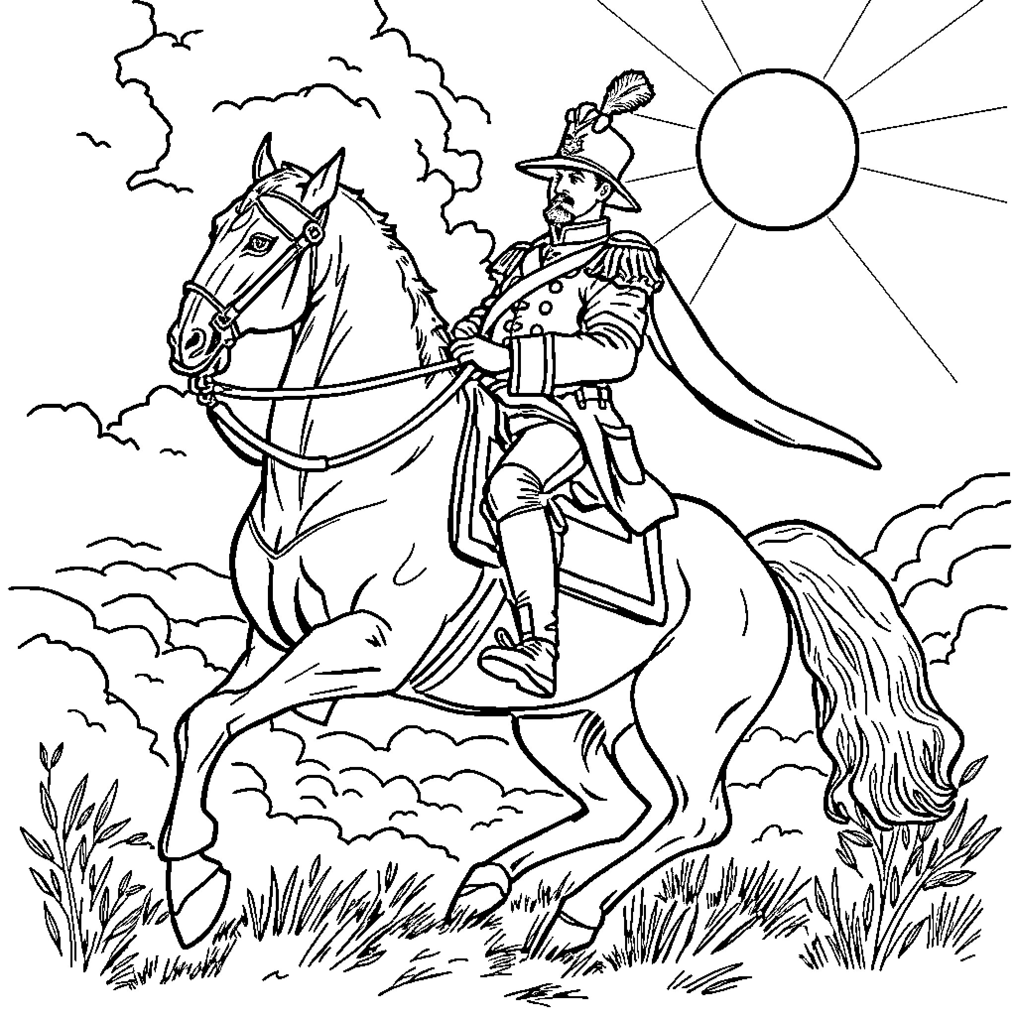 Casimir Pulaski Riding Heroically on Horseback Coloring Page (free black-and-white line drawing printable PDF for all, from beginners to advanced learners, including children, teens, adults, and seniors)