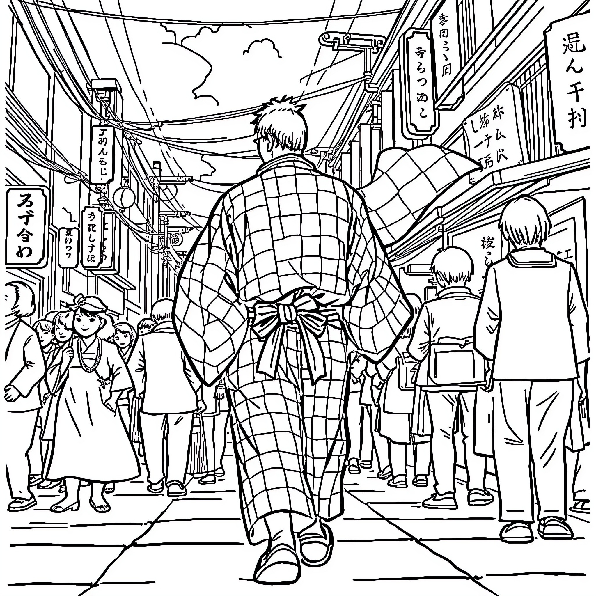 Tanjiro Explores the Vibrant Japanese Street Scene Coloring Page (free black-and-white line drawing printable PDF for all, from beginners to advanced learners, including children, teens, adults, and seniors)