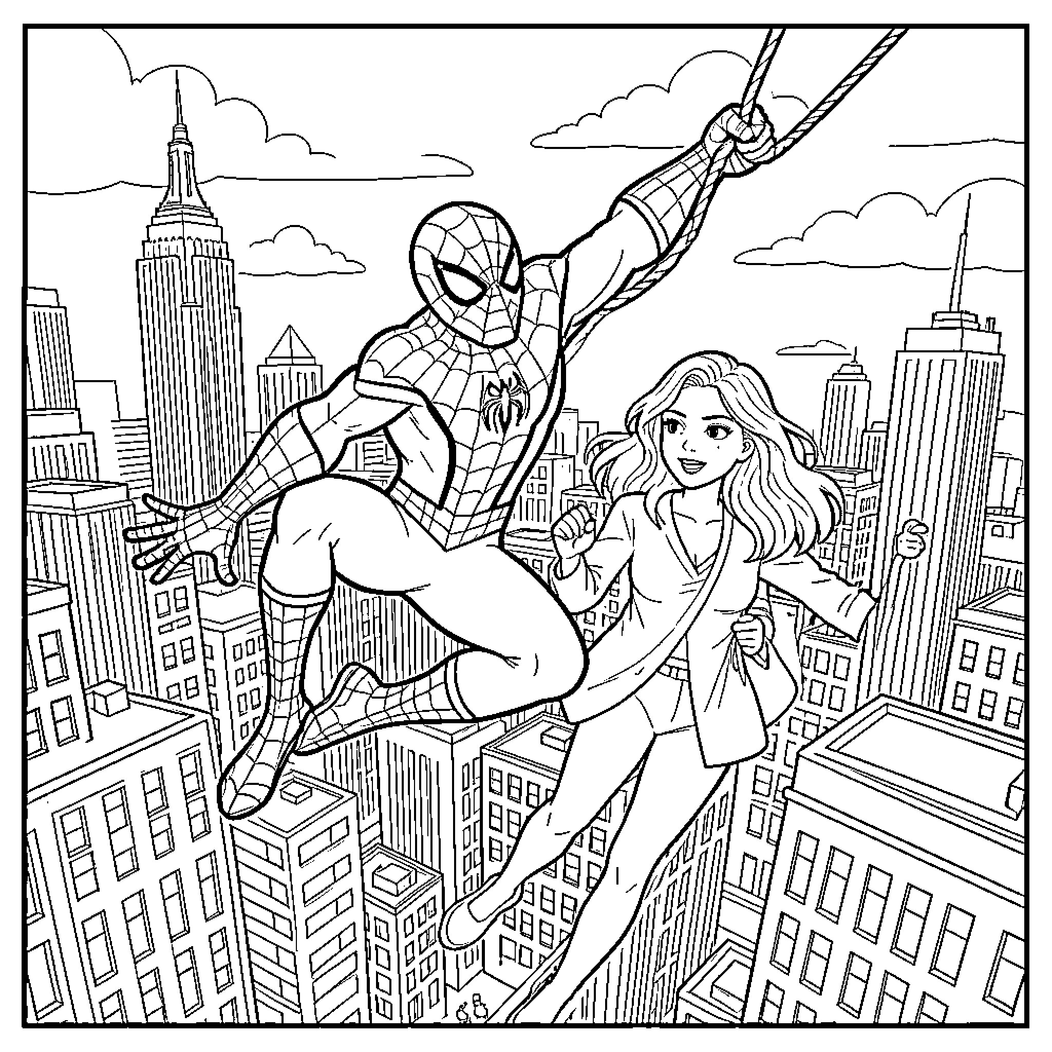 Spiderman swinging through the city with a woman Coloring Page (free black-and-white line drawing printable PDF for all, from beginners to advanced learners, including children, teens, adults, and seniors)
