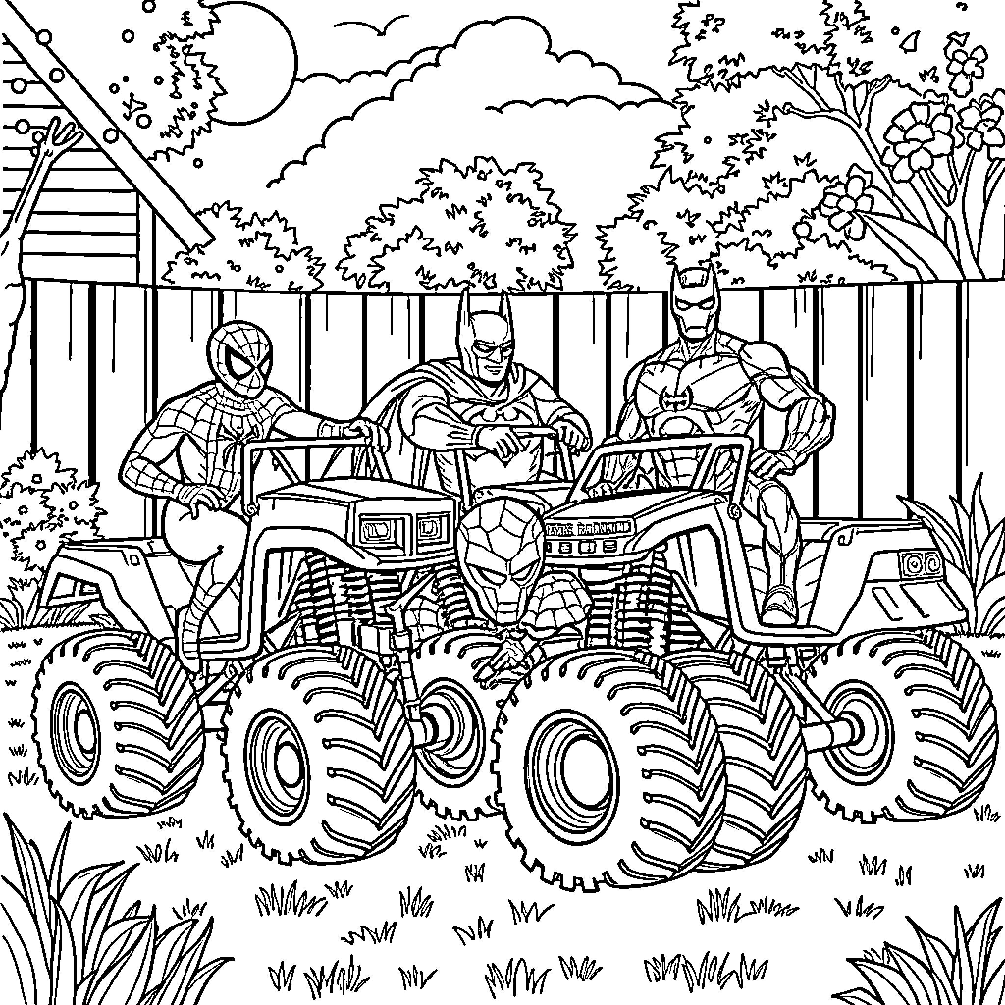 Superheroes Riding Monster Trucks in Nature Coloring Page (free black-and-white line drawing printable PDF for all, from beginners to advanced learners, including children, teens, adults, and seniors)
