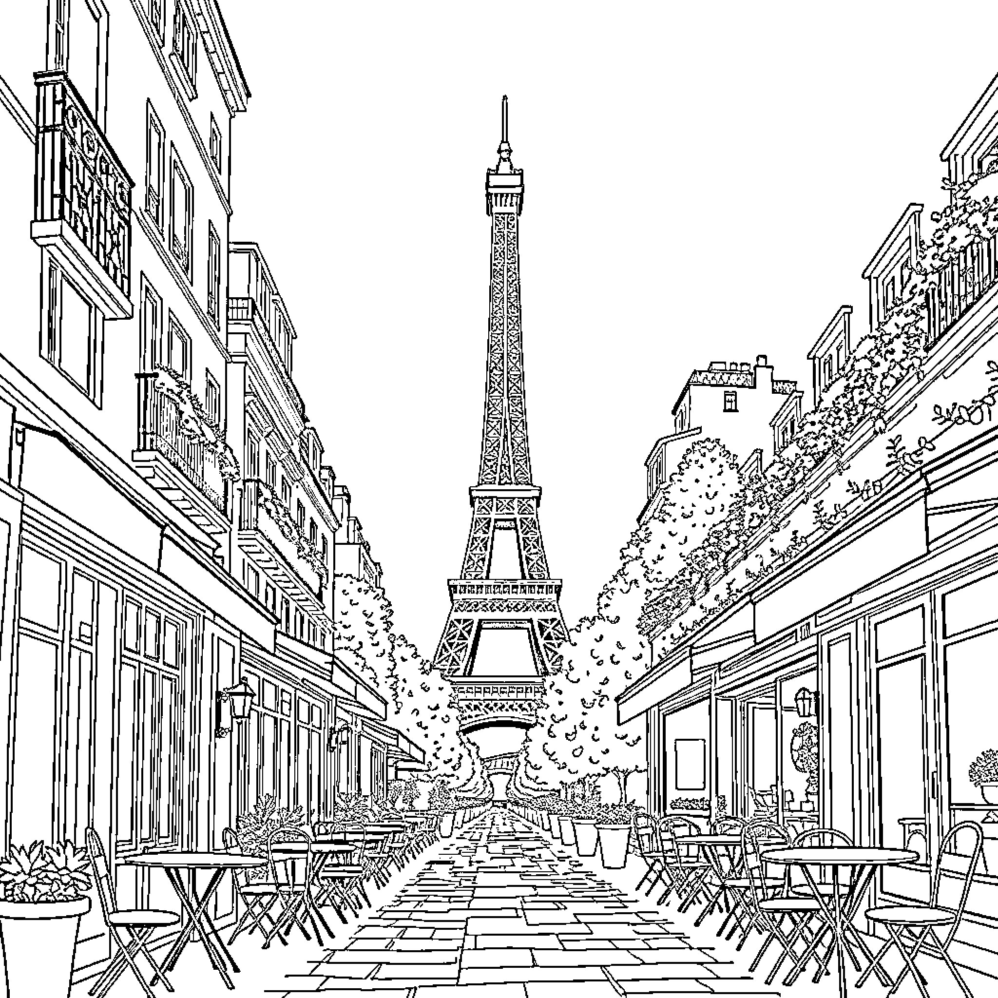 Paris street scene with Eiffel Tower in the distance Coloring Page (free black-and-white line drawing printable PDF for all, from beginners to advanced learners, including children, teens, adults, and seniors)