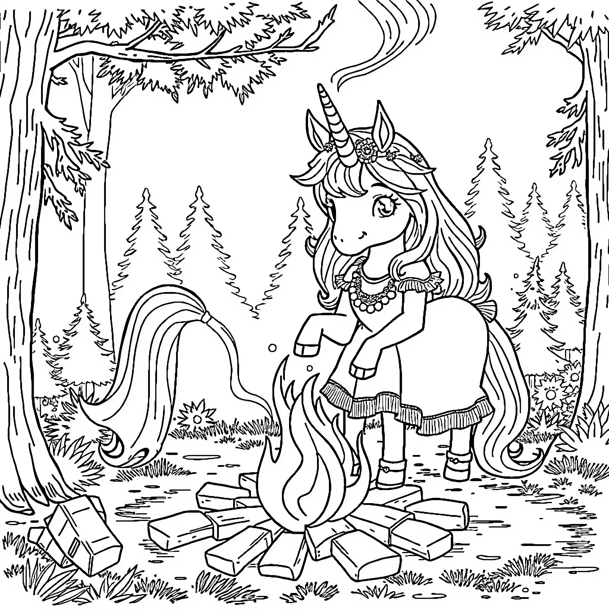 Unicorn Enjoying a Peaceful Forest Scene Coloring Page (free black-and-white line drawing printable PDF for all, from beginners to advanced learners, including children, teens, adults, and seniors)
