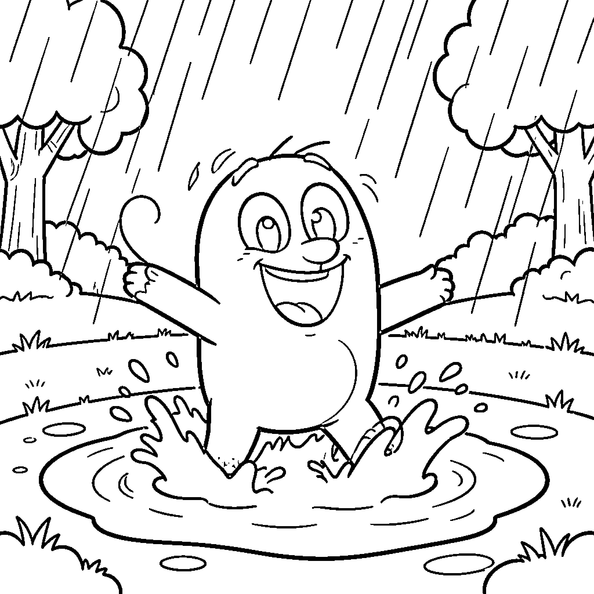 Bluey playing happily in the rain Coloring Page (free black-and-white line drawing printable PDF for all, from beginners to advanced learners, including children, teens, adults, and seniors)