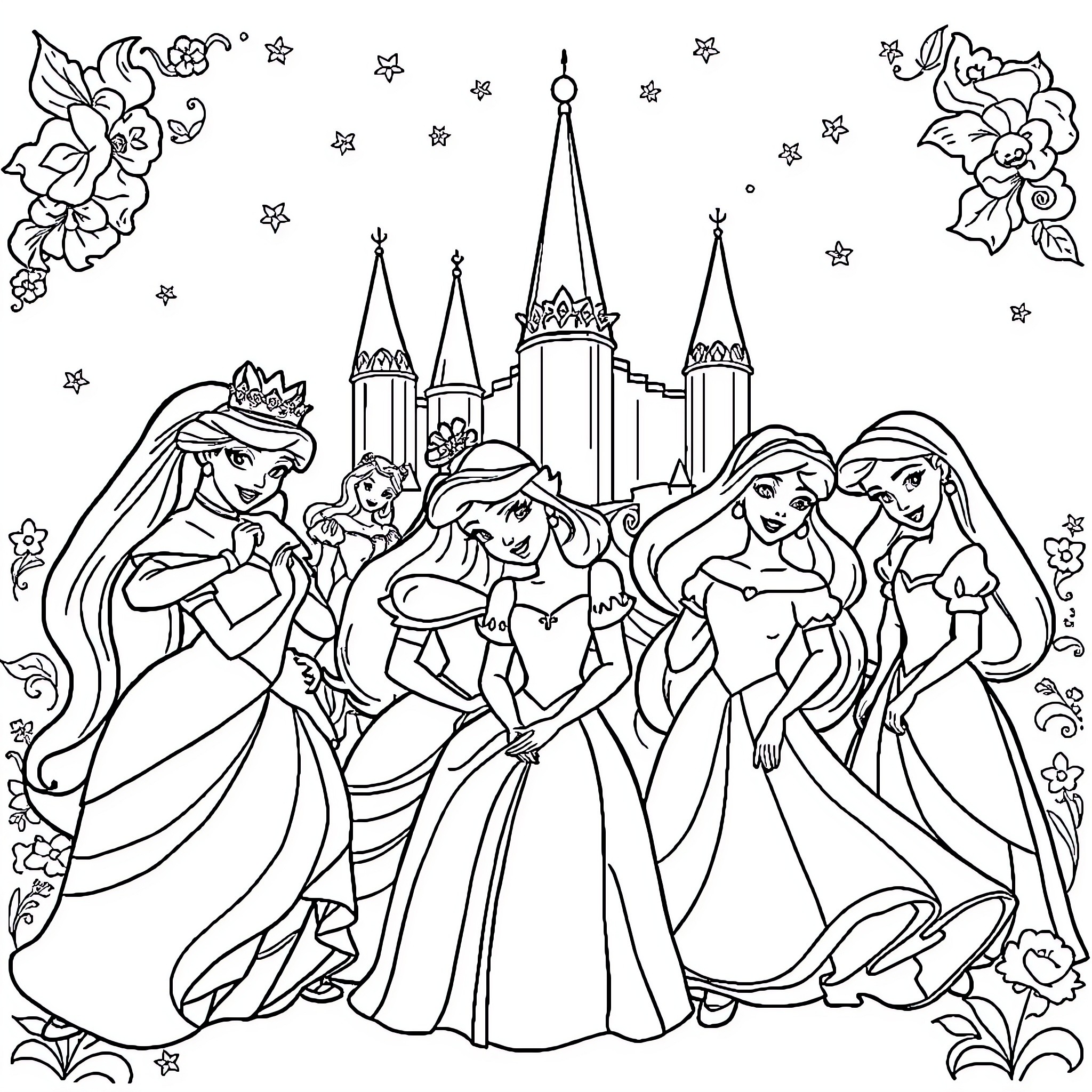 Disney Princess characters in elegant dresses gathered before a castle Coloring Page (free black-and-white line drawing printable PDF for all, from beginners to advanced learners, including children, teens, adults, and seniors)