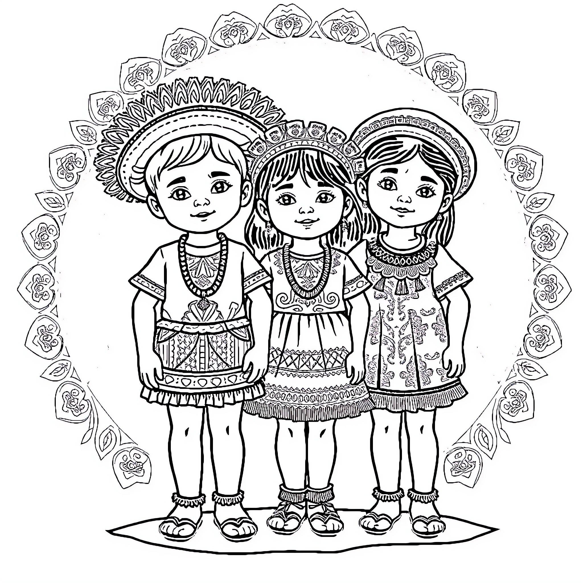 Costume Party with Culturally Diverse Friends Coloring Page (free black-and-white line drawing printable PDF for all, from beginners to advanced learners, including children, teens, adults, and seniors)