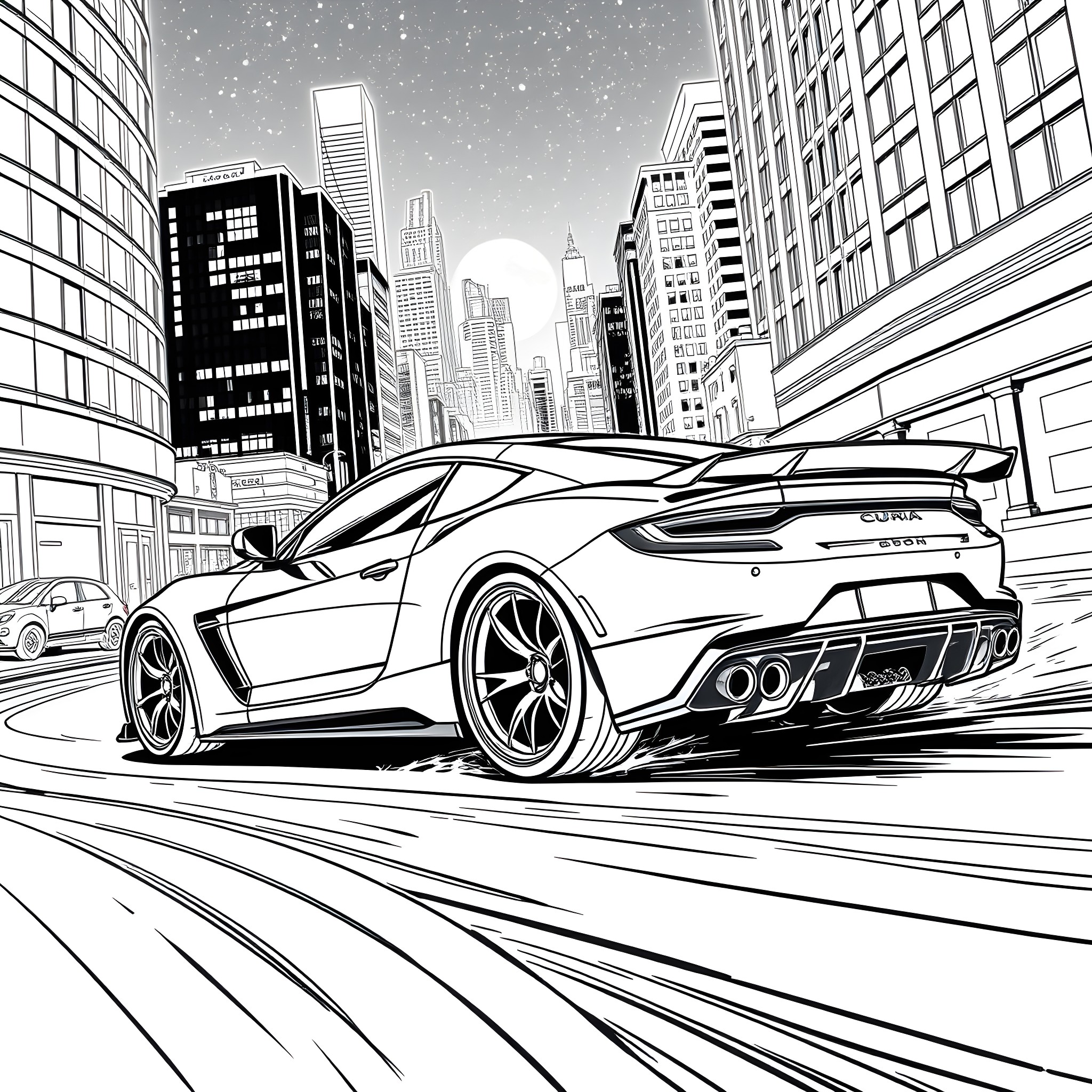 Cupra sports car speeding through the city Coloring Page (free black-and-white line drawing printable PDF for all, from beginners to advanced learners, including children, teens, adults, and seniors)