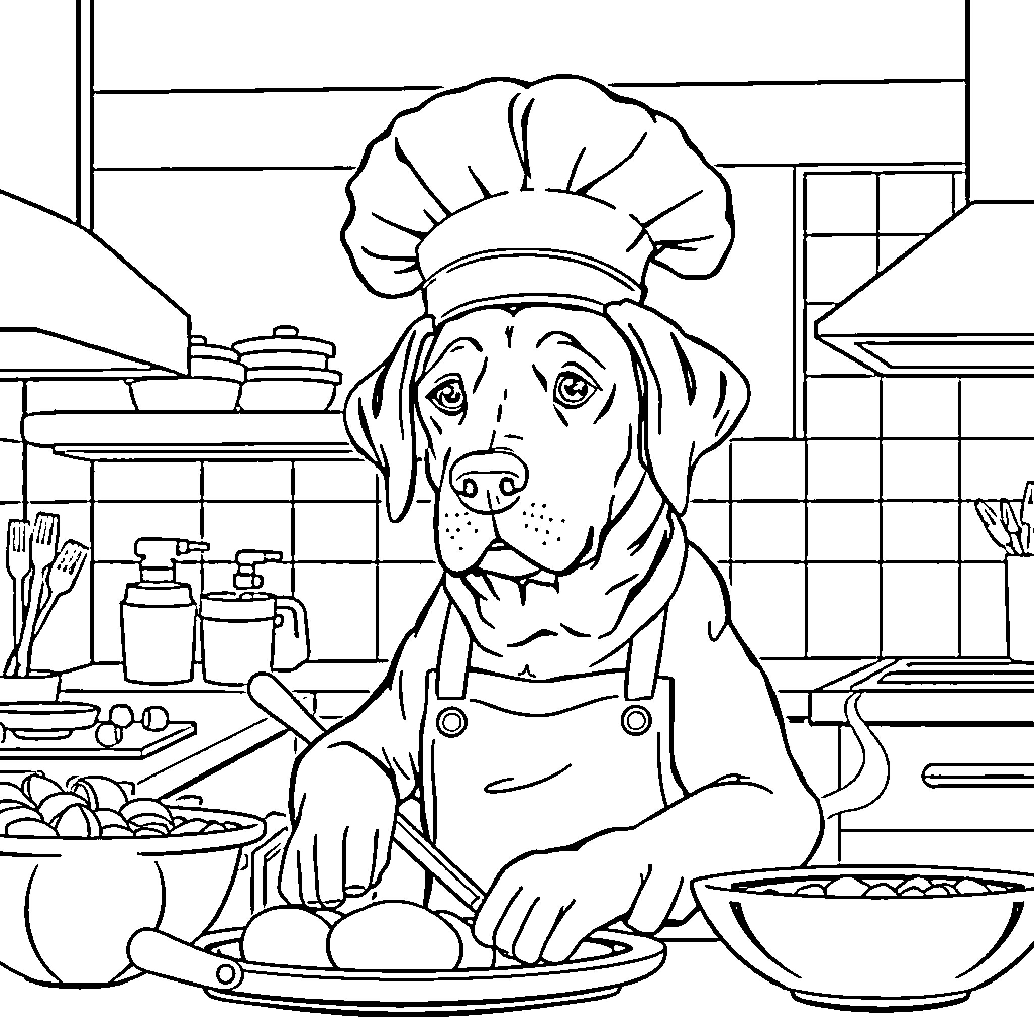 Labrador chef preparing meals in the kitchen Coloring Page (free black-and-white line drawing printable PDF for all, from beginners to advanced learners, including children, teens, adults, and seniors)