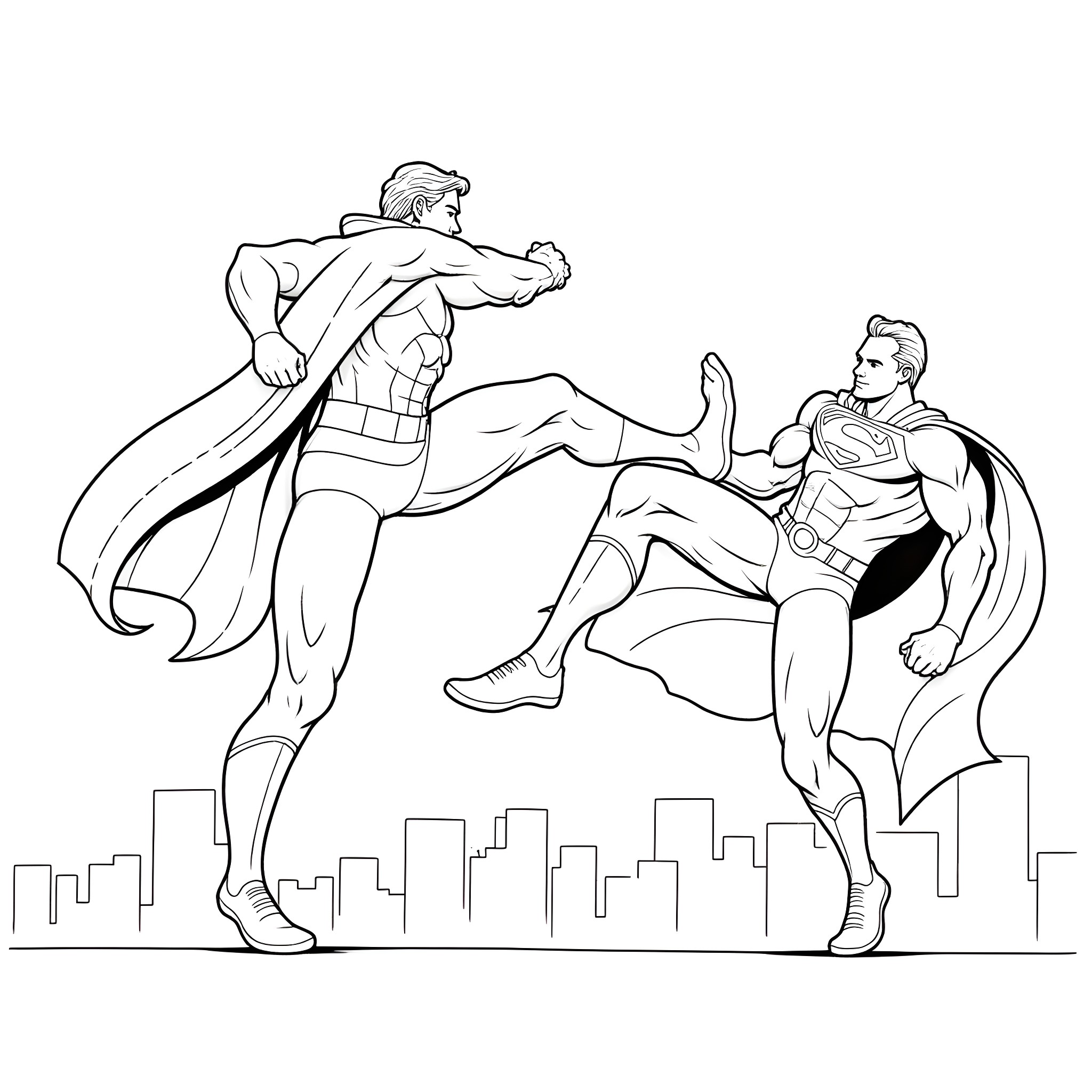 Superman and superhero clash over city skyline Coloring Page (free black-and-white line drawing printable PDF for all, from beginners to advanced learners, including children, teens, adults, and seniors)