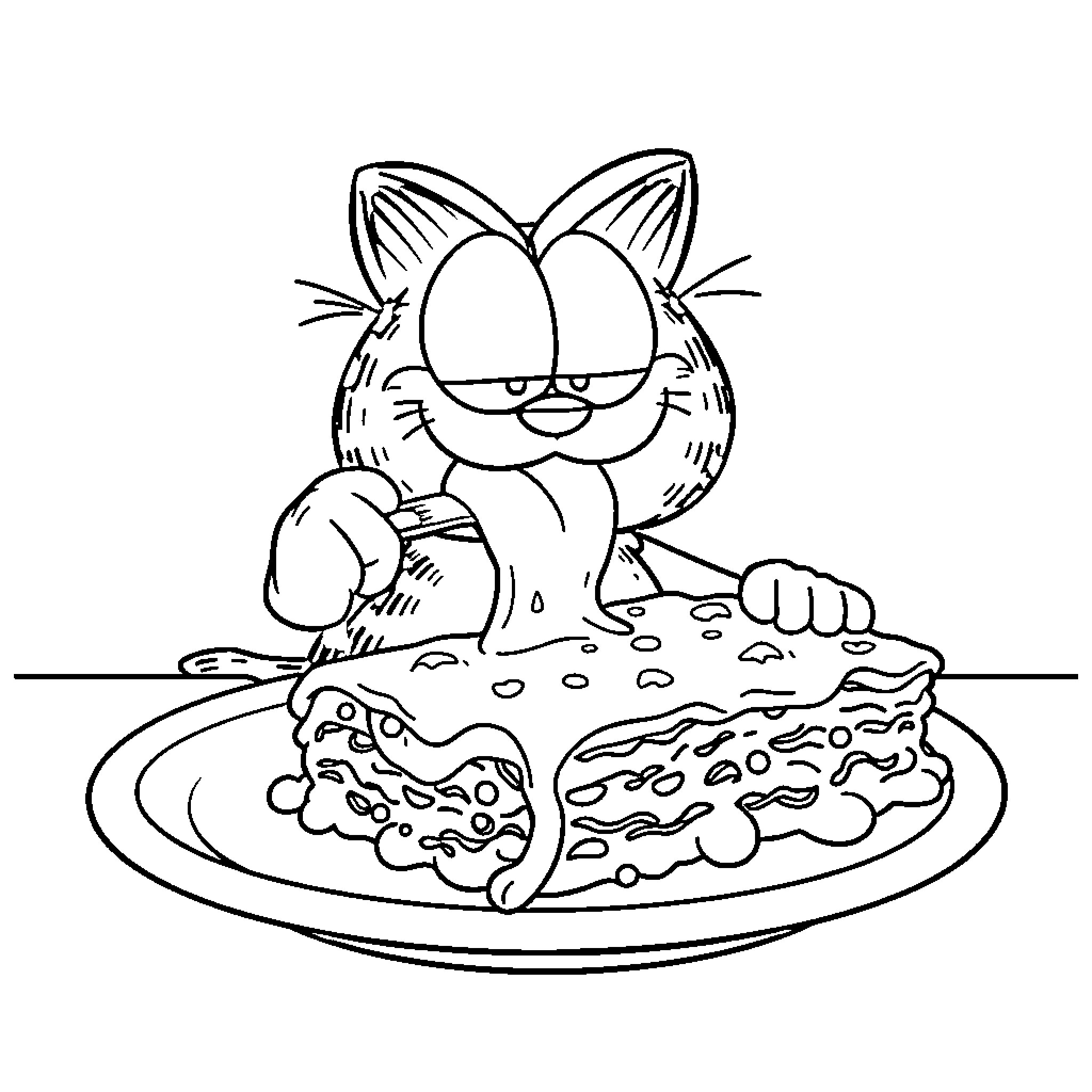 Garfield Enjoying a Hearty Meal Coloring Page (free black-and-white line drawing printable PDF for all, from beginners to advanced learners, including children, teens, adults, and seniors)
