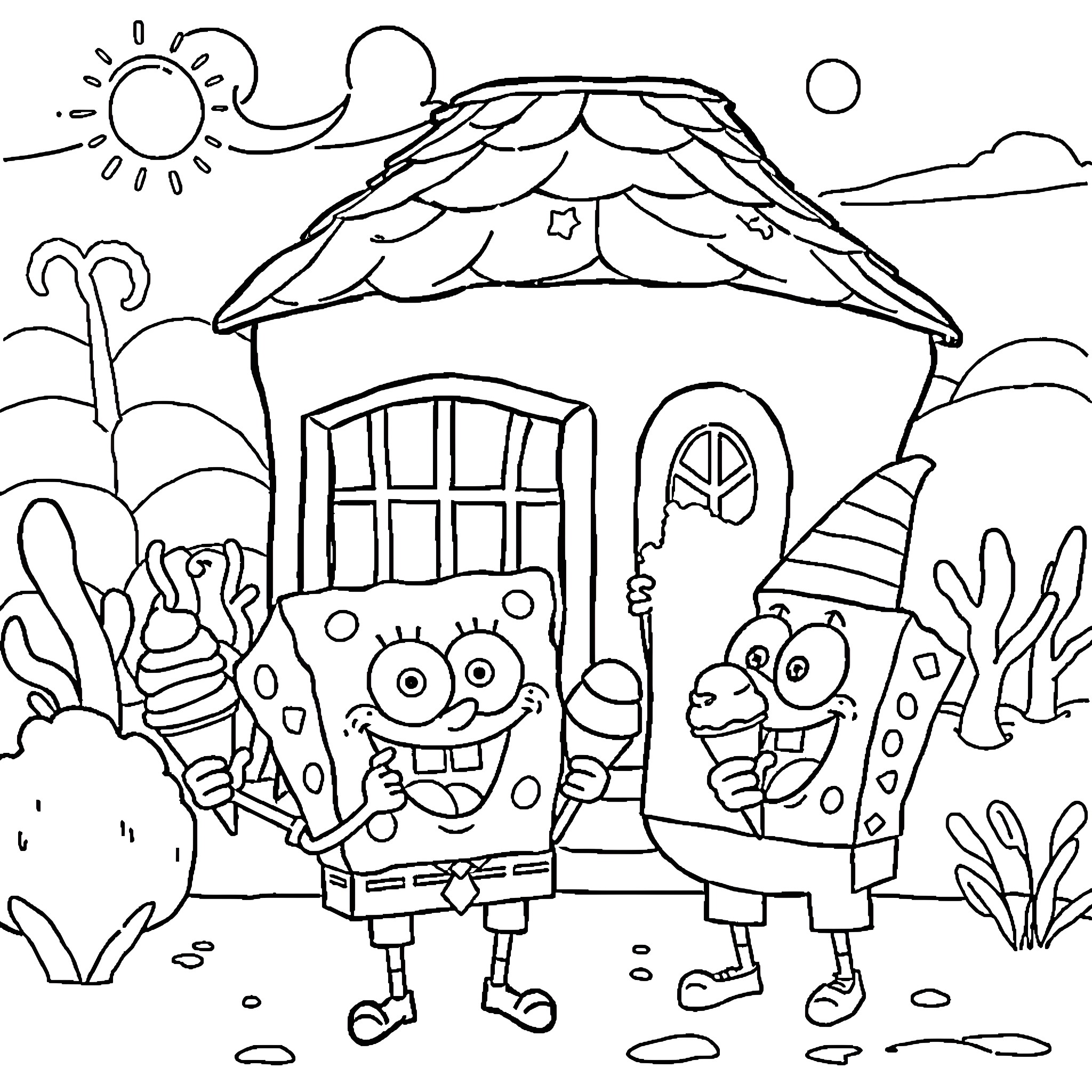 Spongebob and Patrick having fun at their thatched hut home Coloring Page (free black-and-white line drawing printable PDF for all, from beginners to advanced learners, including children, teens, adults, and seniors)