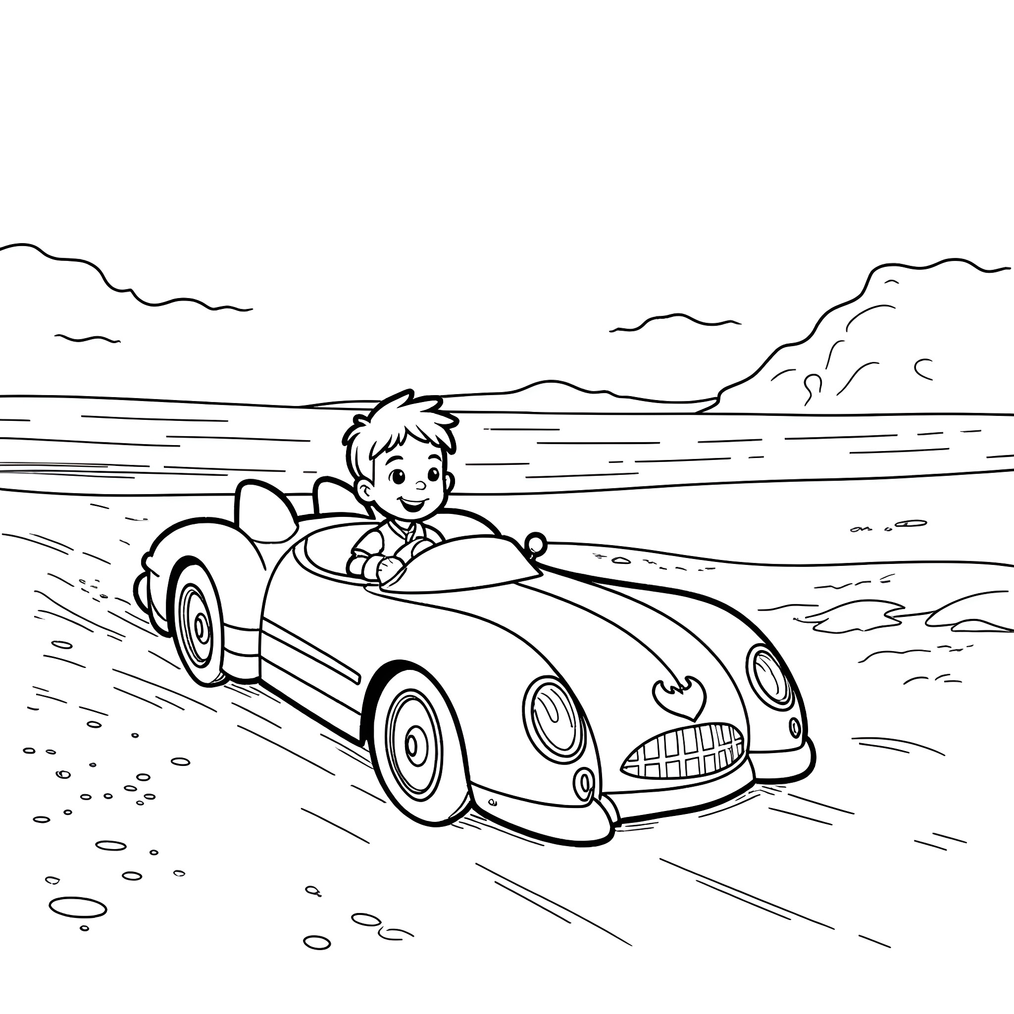 Boy driving a sporty car on the road Coloring Page (free black-and-white line drawing printable PDF for all, from beginners to advanced learners, including children, teens, adults, and seniors)