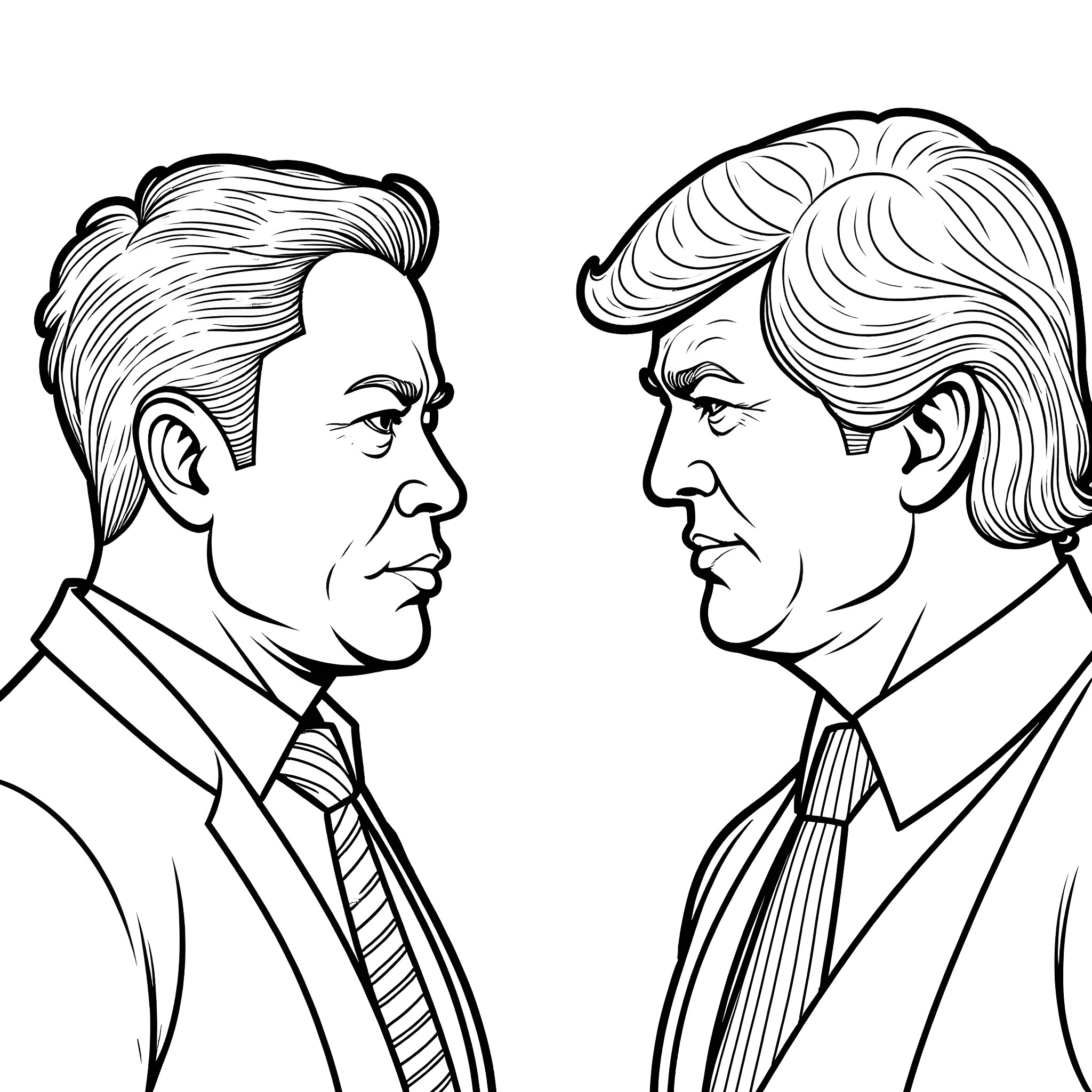 Elon Musk and another person in formal attire Coloring Page (free black-and-white line drawing printable PDF for all, from beginners to advanced learners, including children, teens, adults, and seniors)