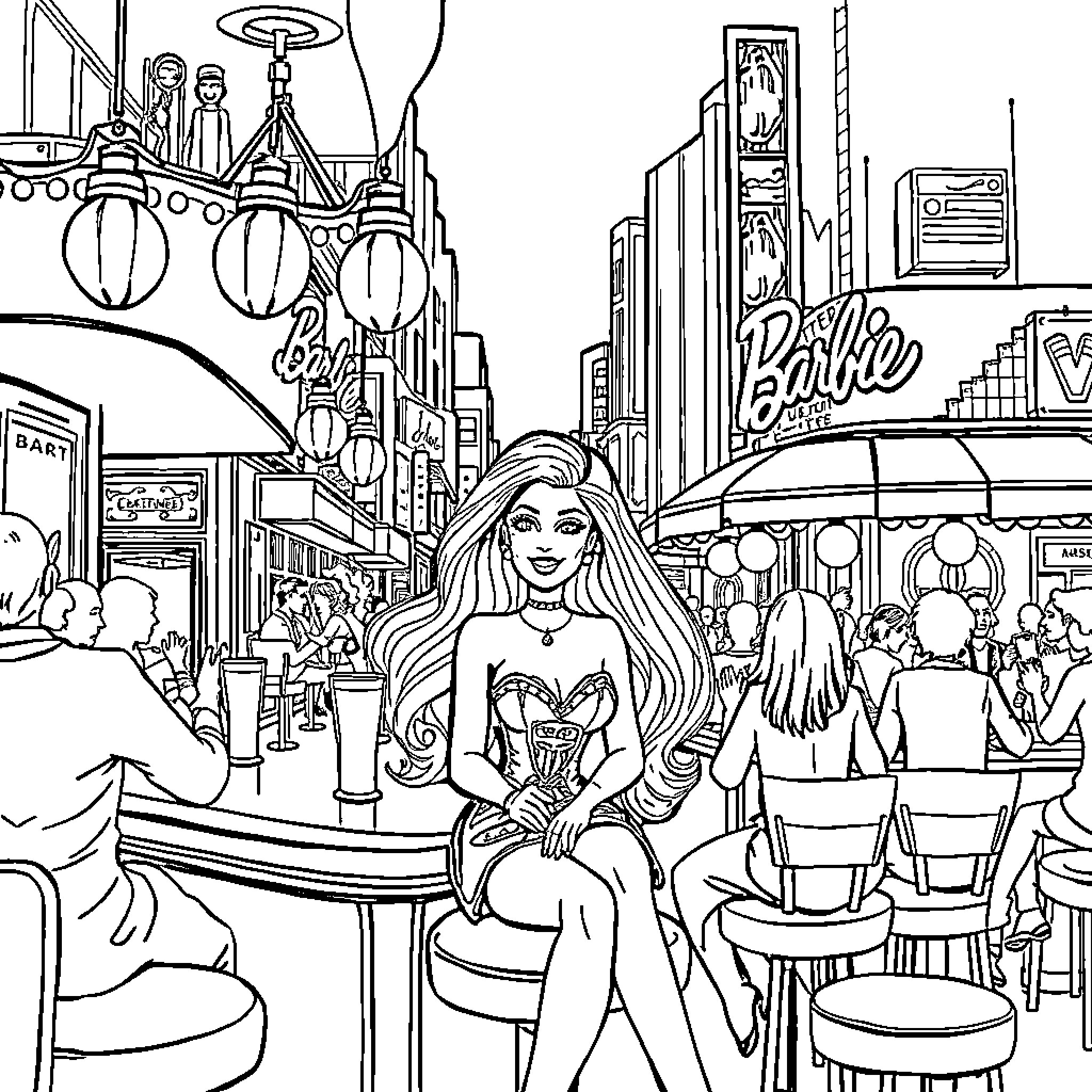 Barbie enjoying the city life at a bustling cafe Coloring Page (free black-and-white line drawing printable PDF for all, from beginners to advanced learners, including children, teens, adults, and seniors)
