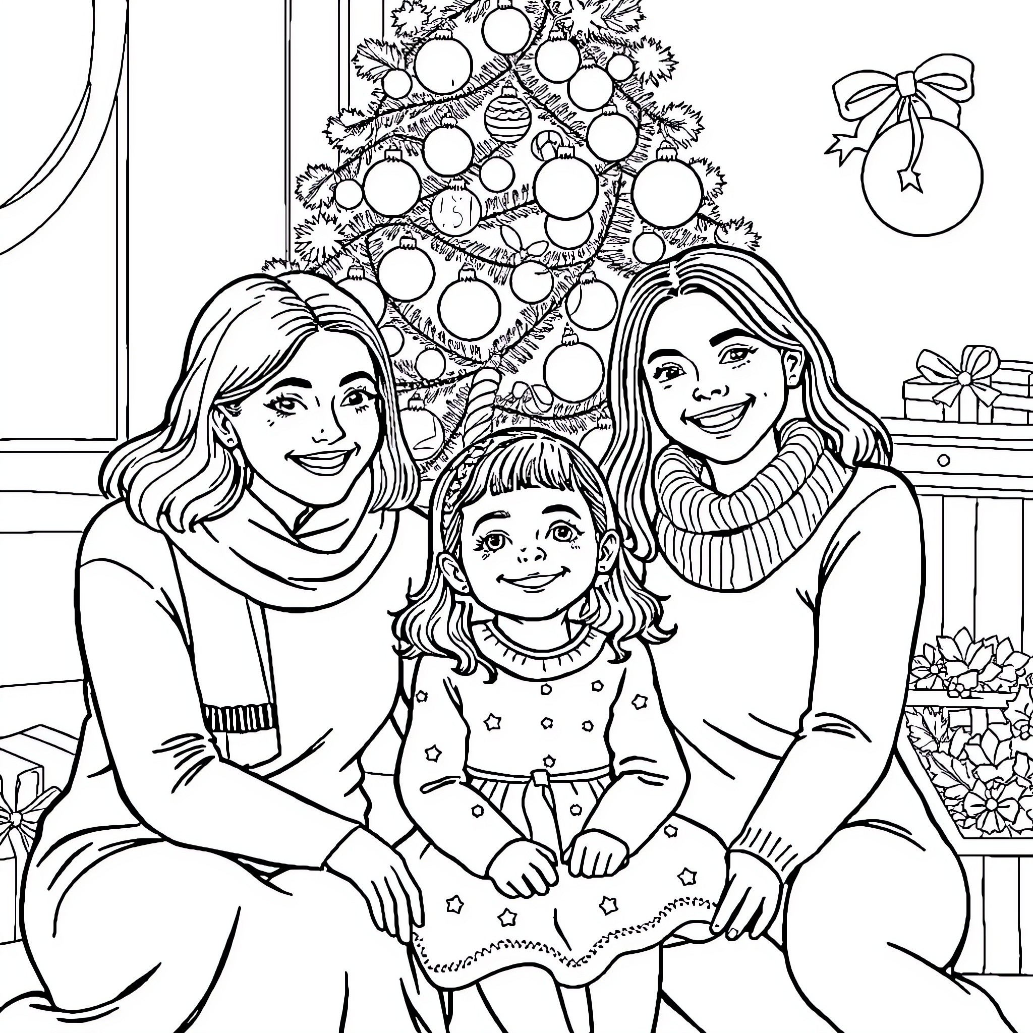 Family Gathering Around Christmas Tree Coloring Page (free black-and-white line drawing printable PDF for all, from beginners to advanced learners, including children, teens, adults, and seniors)