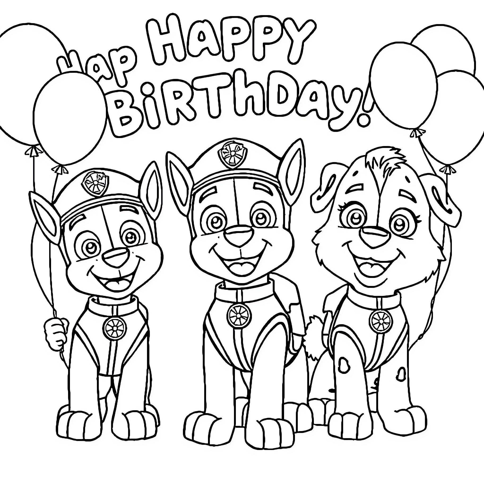 Paw Patrol Celebrating Happy Birthday with Balloons Coloring Page (free black-and-white line drawing printable PDF for all, from beginners to advanced learners, including children, teens, adults, and seniors)