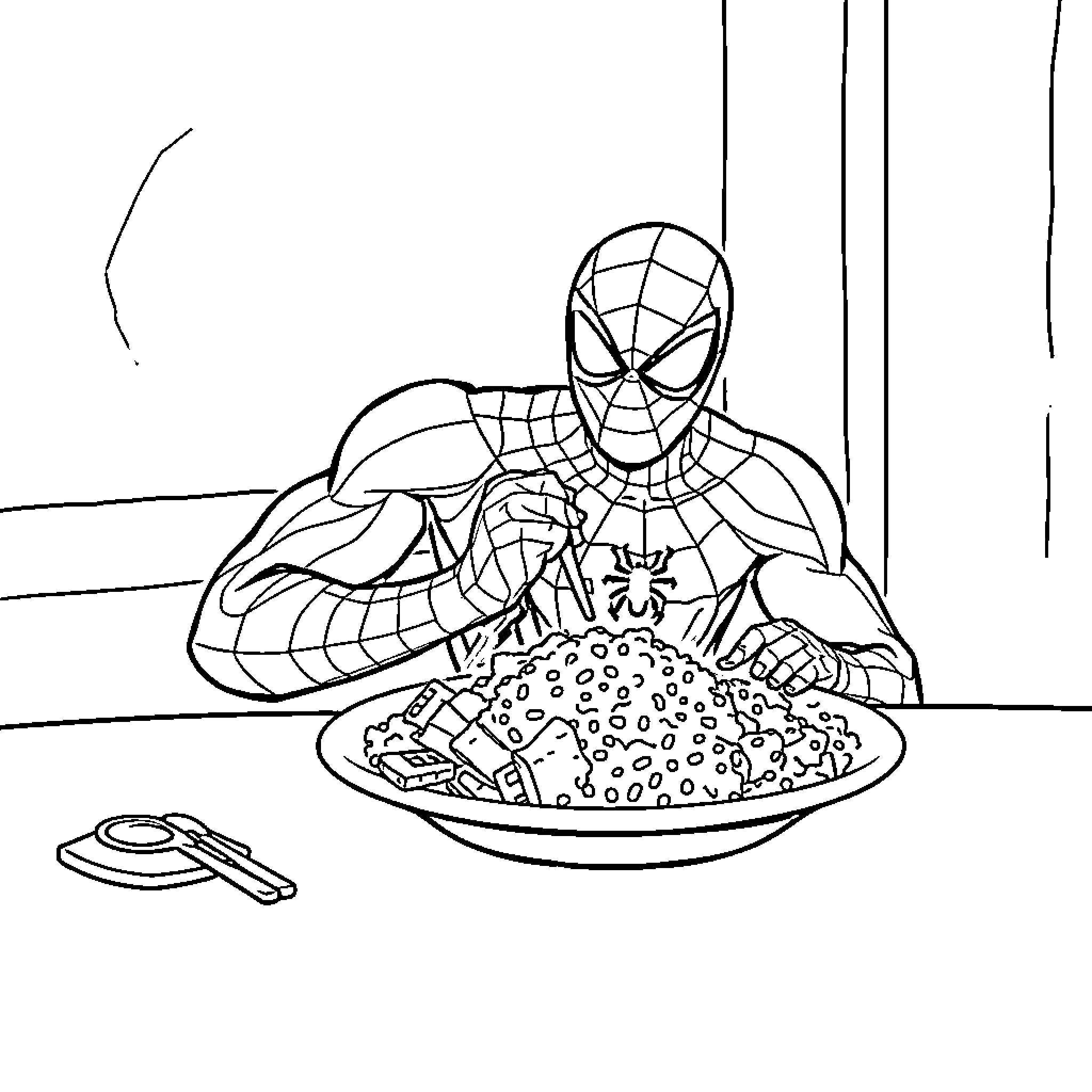 Spiderman eating a large bowl of food Coloring Page (free black-and-white line drawing printable PDF for all, from beginners to advanced learners, including children, teens, adults, and seniors)