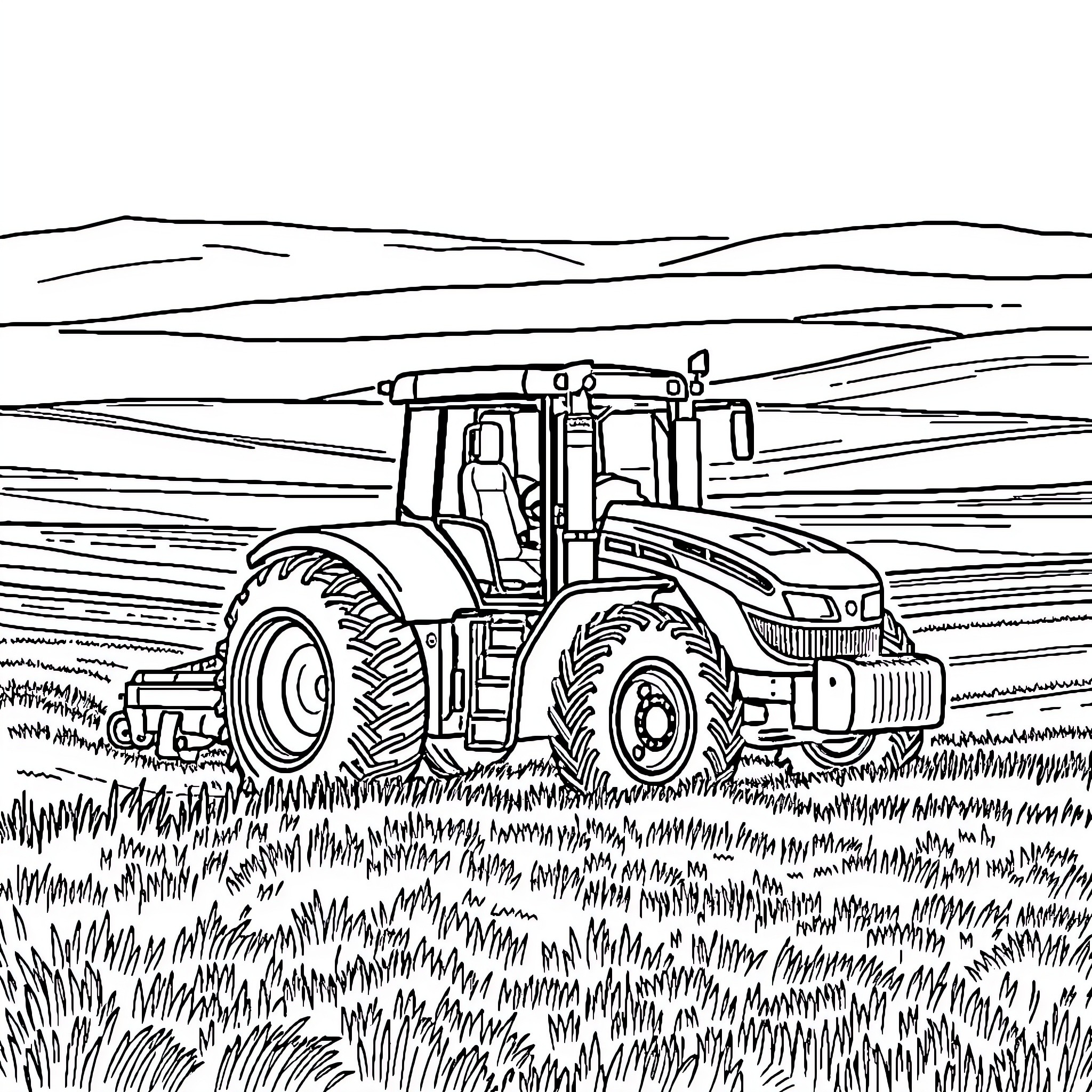 Tractor working in the countryside field Coloring Page (free black-and-white line drawing printable PDF for all, from beginners to advanced learners, including children, teens, adults, and seniors)