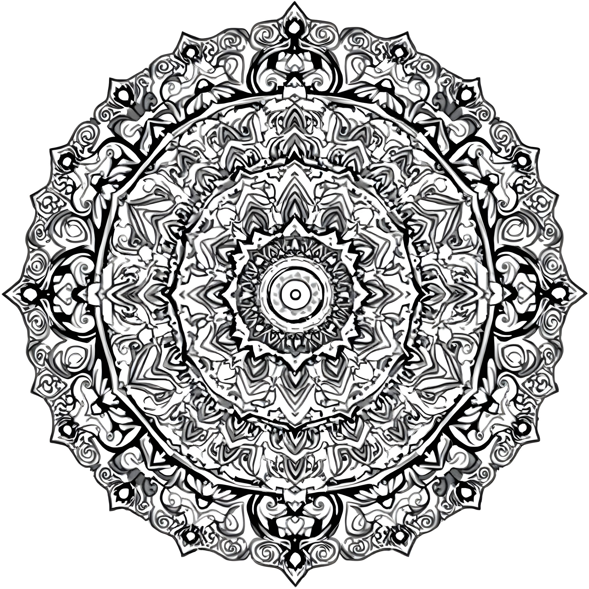 Mandala with intricate floral and geometric patterns Coloring Page (free black-and-white line drawing printable PDF for all, from beginners to advanced learners, including children, teens, adults, and seniors)