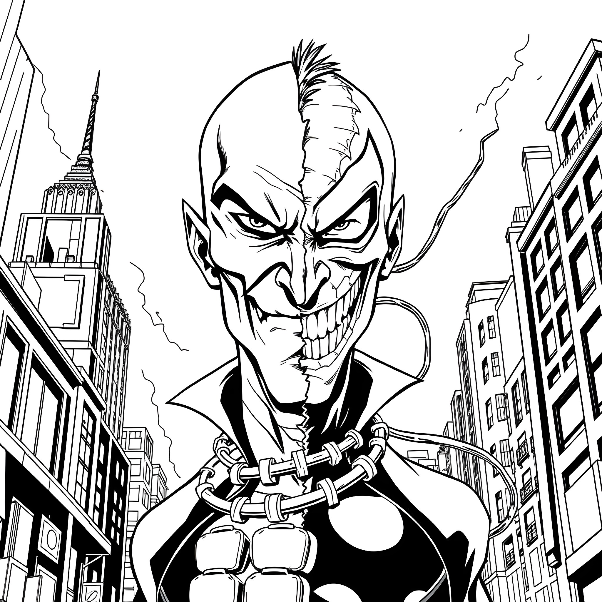 Goblin terrorizing the city with a menacing grin Coloring Page (free black-and-white line drawing printable PDF for all, from beginners to advanced learners, including children, teens, adults, and seniors)