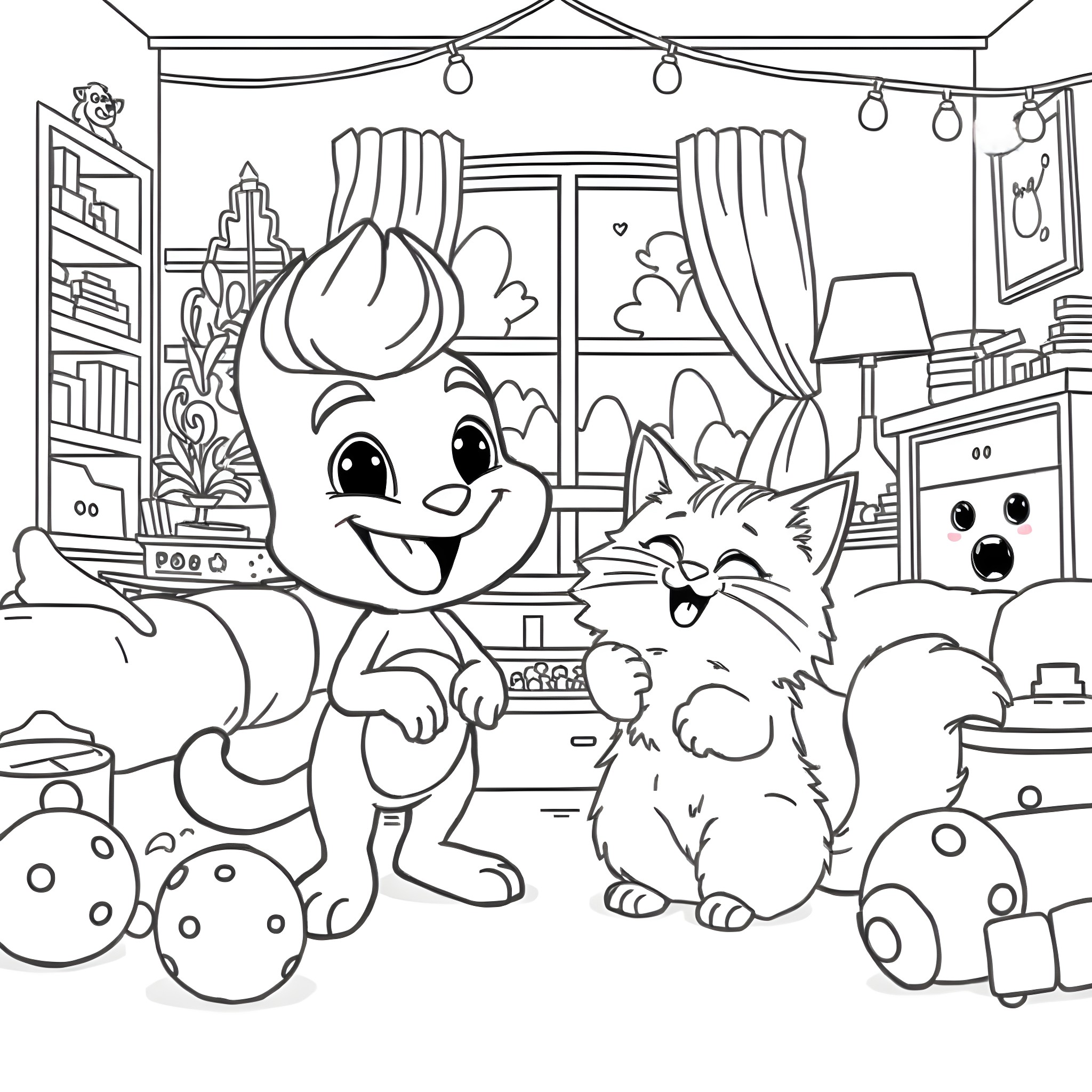 Cat and kitten playing in cozy room Coloring Page (free black-and-white line drawing printable PDF for all, from beginners to advanced learners, including children, teens, adults, and seniors)