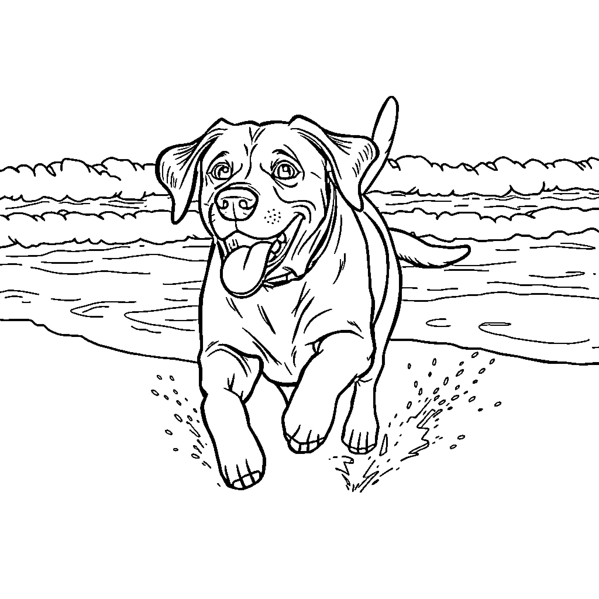 Labrador playing joyfully on the beach Coloring Page (free black-and-white line drawing printable PDF for all, from beginners to advanced learners, including children, teens, adults, and seniors)
