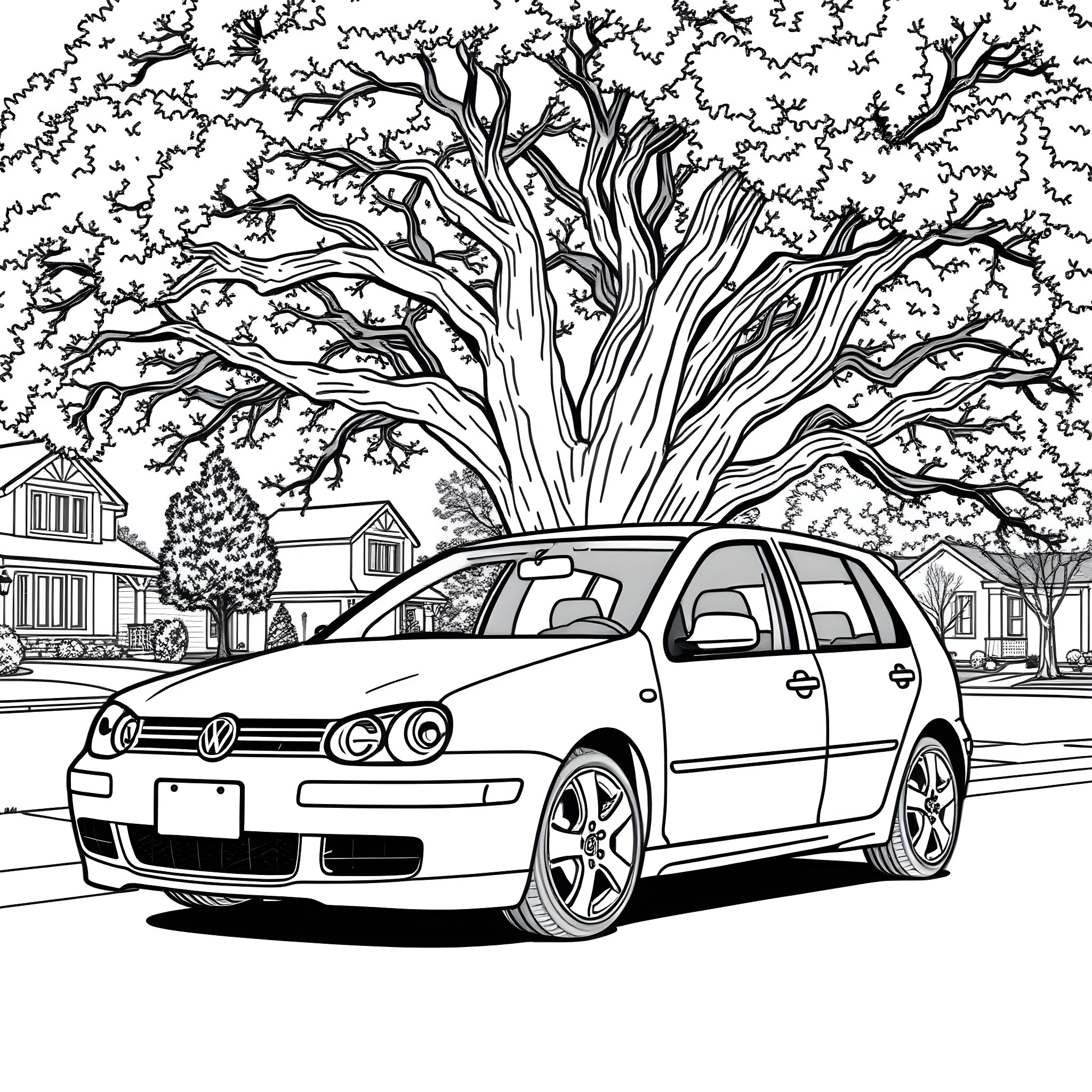 Golf car driving down a neighborhood street Coloring Page (free black-and-white line drawing printable PDF for all, from beginners to advanced learners, including children, teens, adults, and seniors)