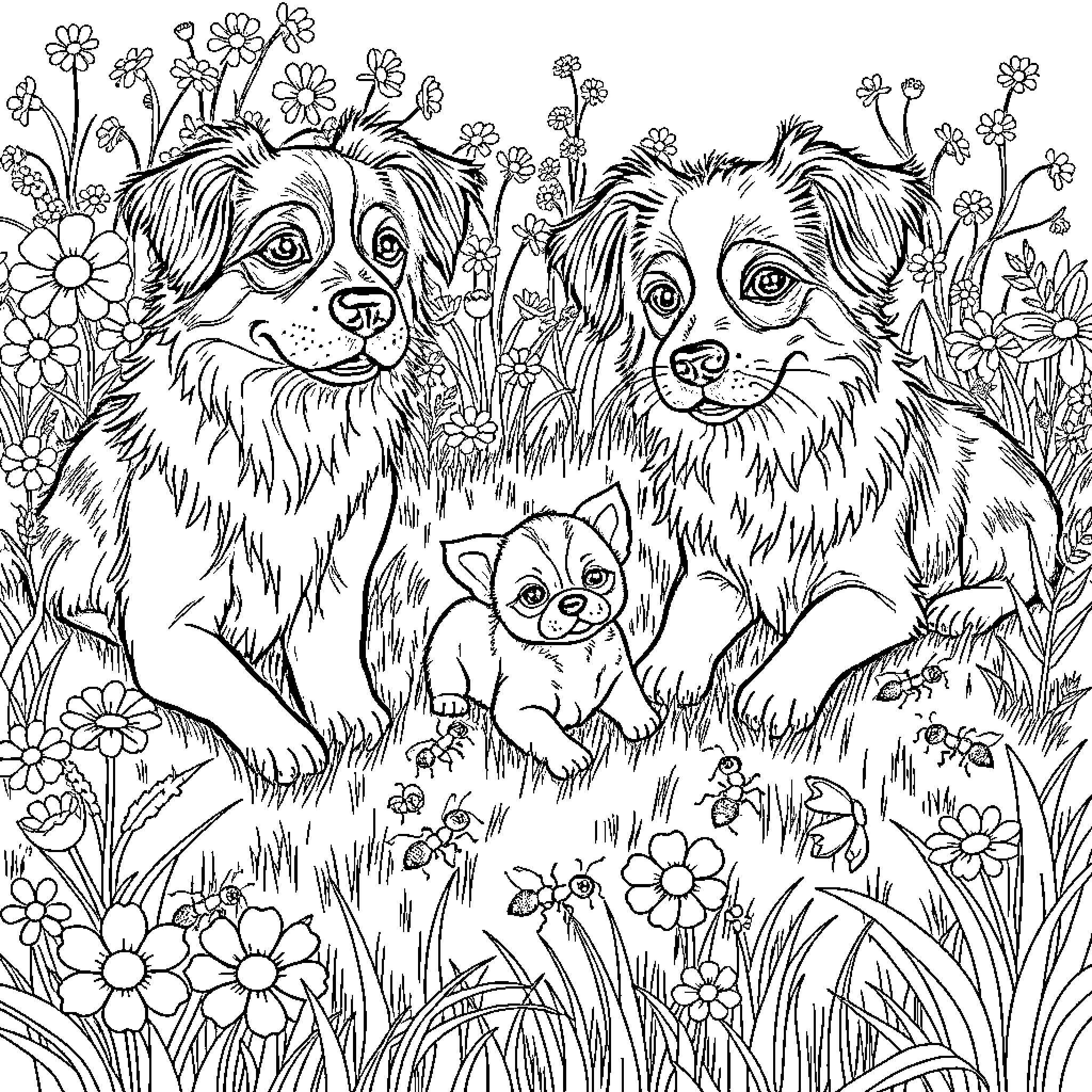 Dog Family in Floral Garden Coloring Page (free black-and-white line drawing printable PDF for all, from beginners to advanced learners, including children, teens, adults, and seniors)