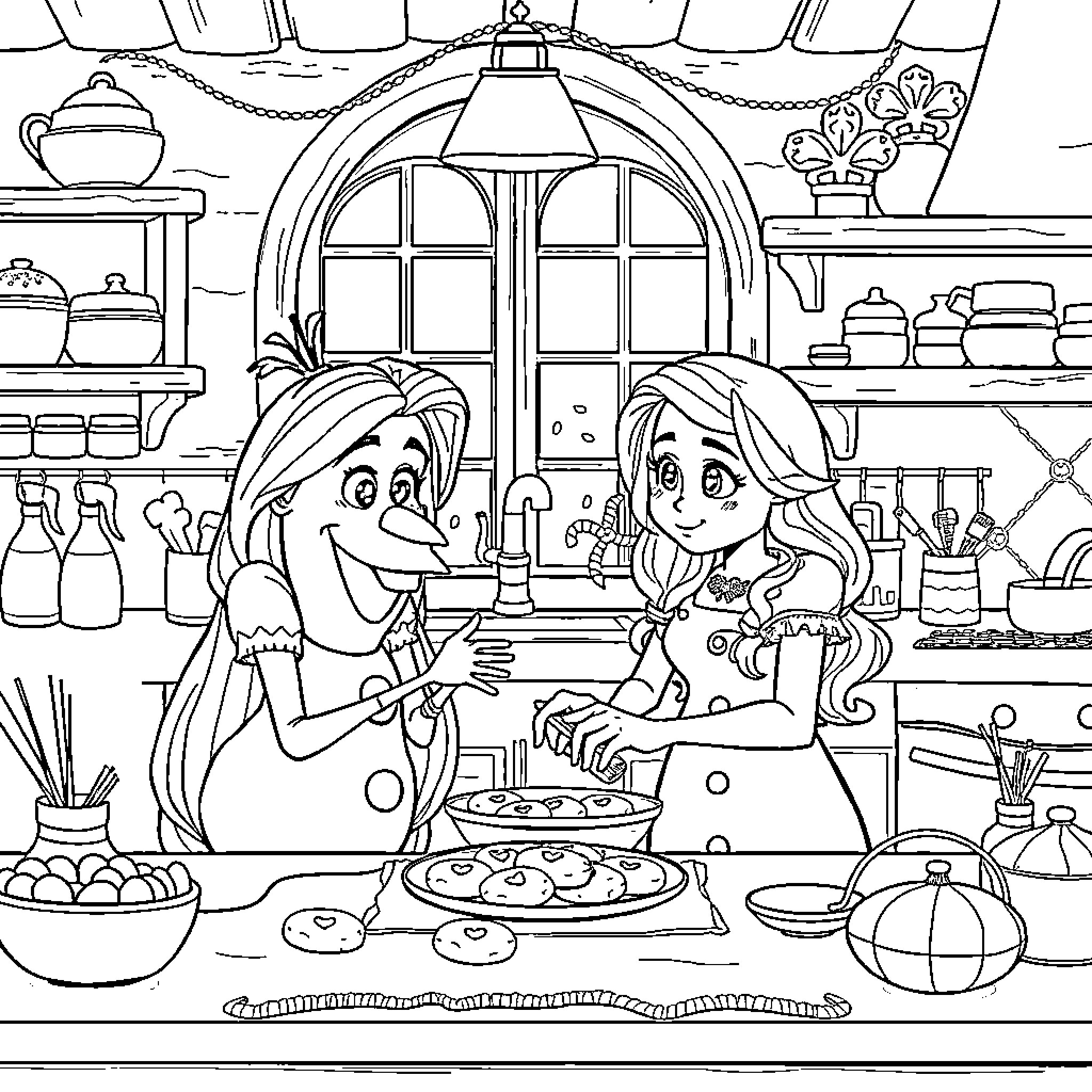 Rapunzel baking cookies with friend in cozy kitchen Coloring Page (free black-and-white line drawing printable PDF for all, from beginners to advanced learners, including children, teens, adults, and seniors)