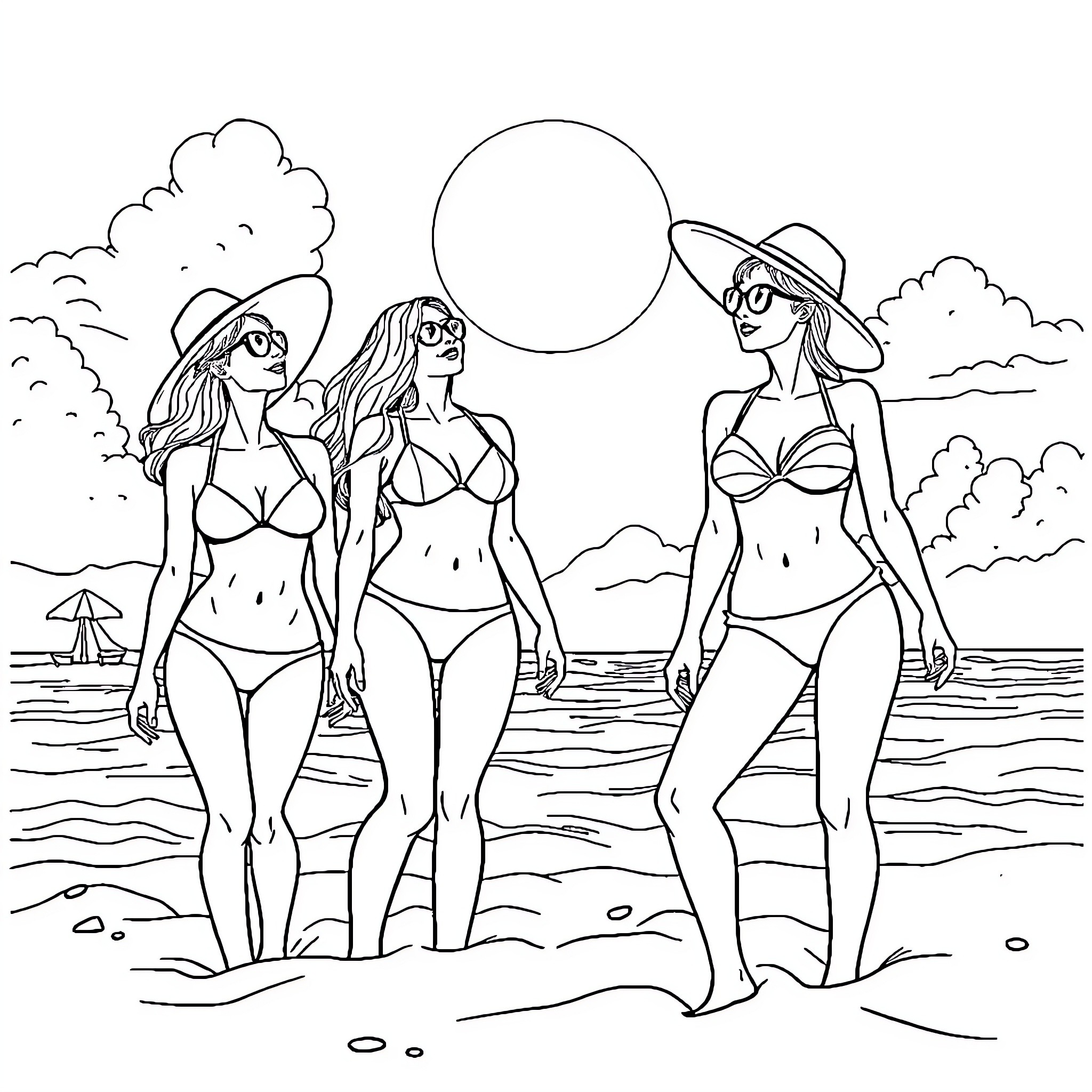 Bikini Girls Enjoying Summer Vacation on the Beach Coloring Page (free black-and-white line drawing printable PDF for all, from beginners to advanced learners, including children, teens, adults, and seniors)